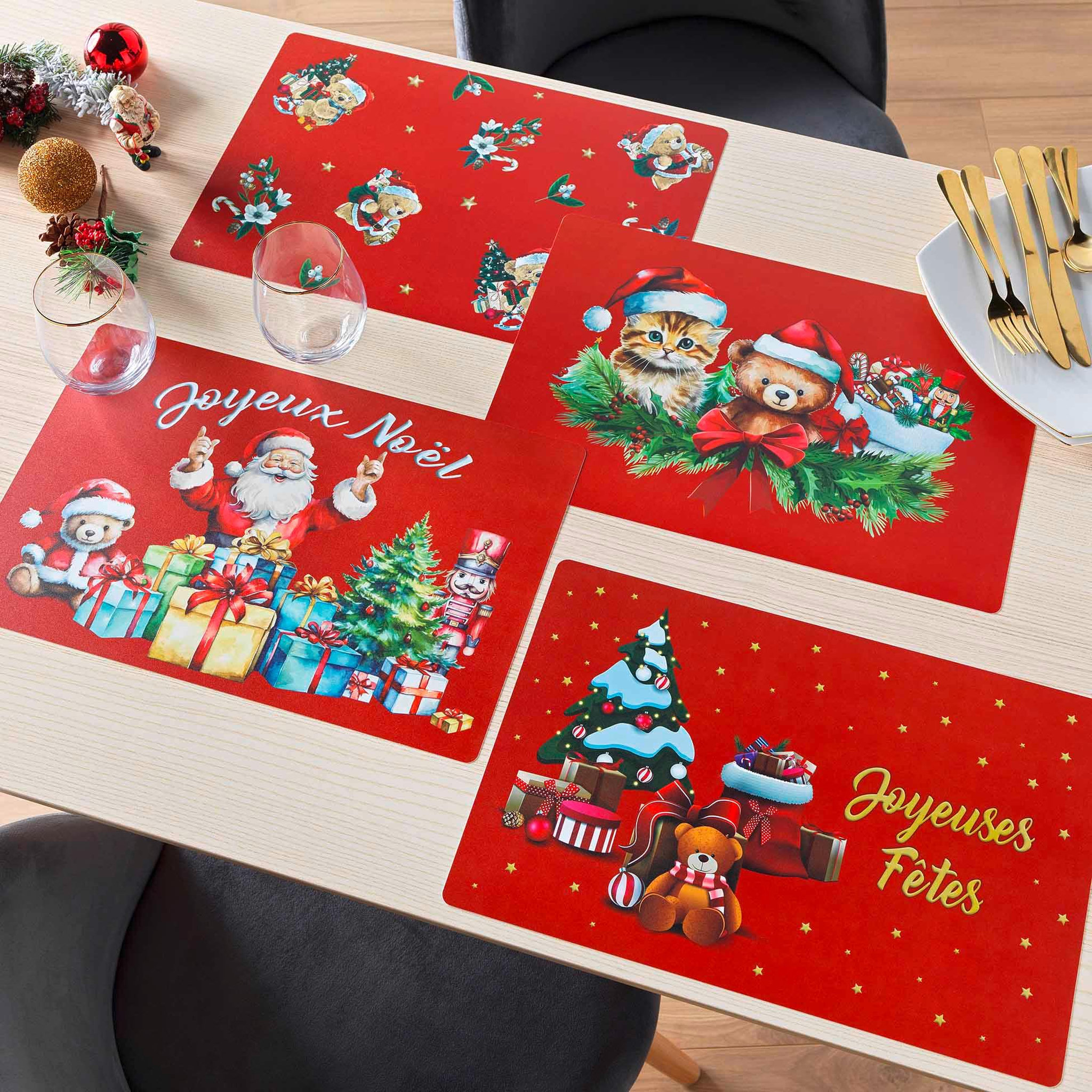 Voir la diapositive 3 : Eden Set de table opaque ourson et chaton de noel