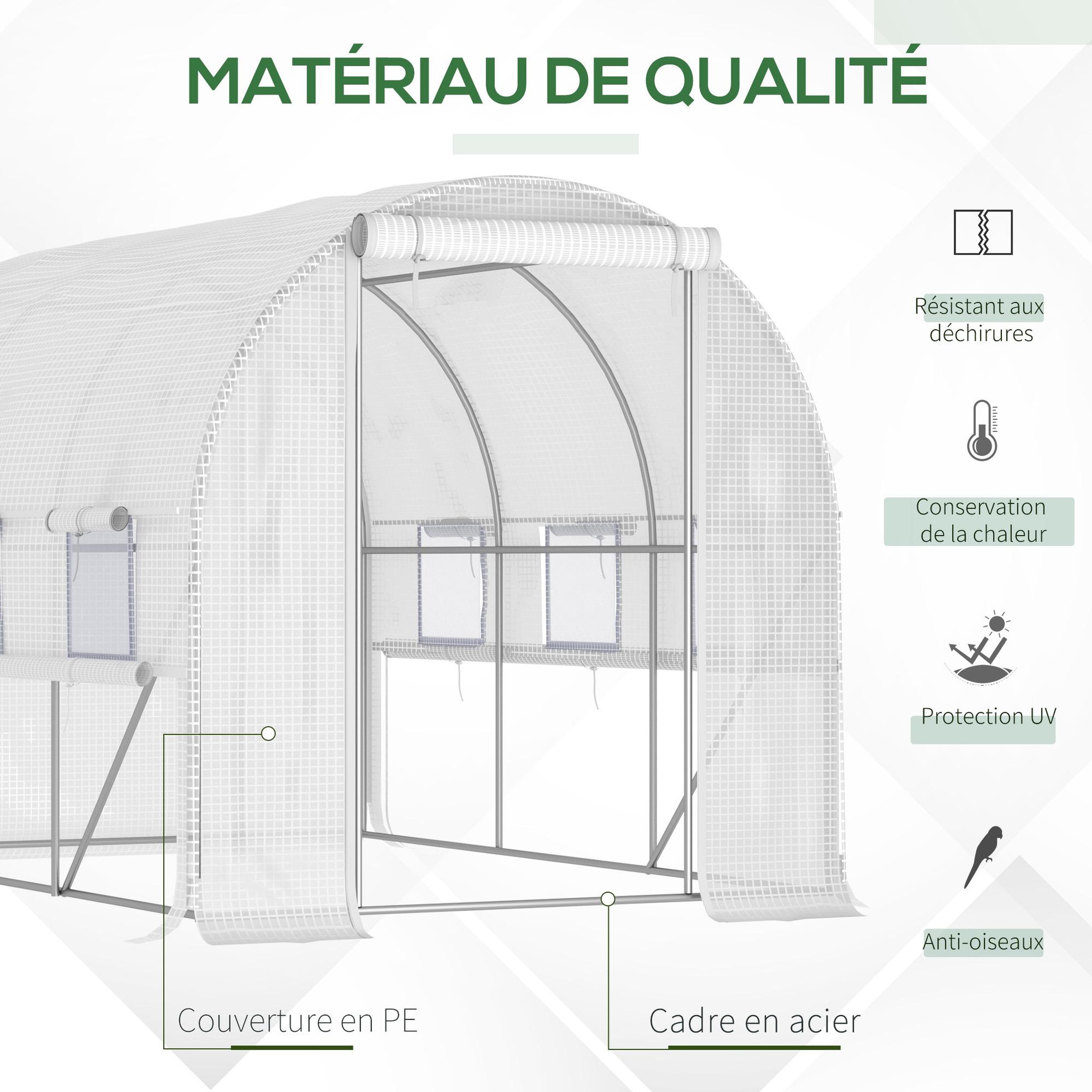 Voir la diapositive 4 : OUTSUNNY Serre de jardin tunnel 6 m² 6 fenêtres porte zippée acier galvanisé pe blanc