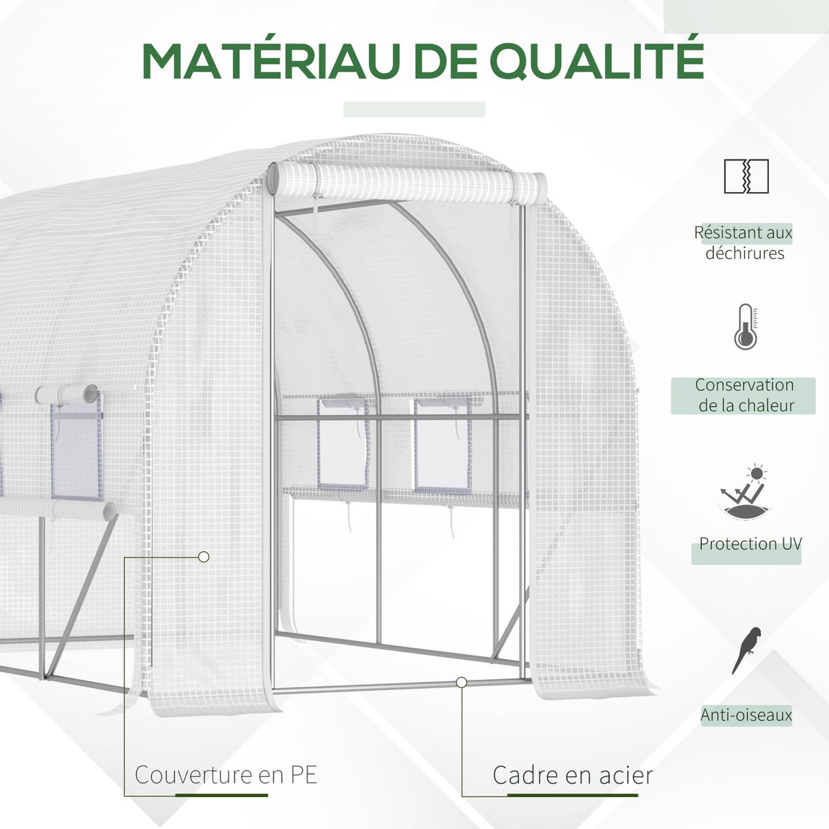 OUTSUNNY Serre de jardin tunnel 6 m² 6 fenêtres porte zippée acier galvanisé PE blanc