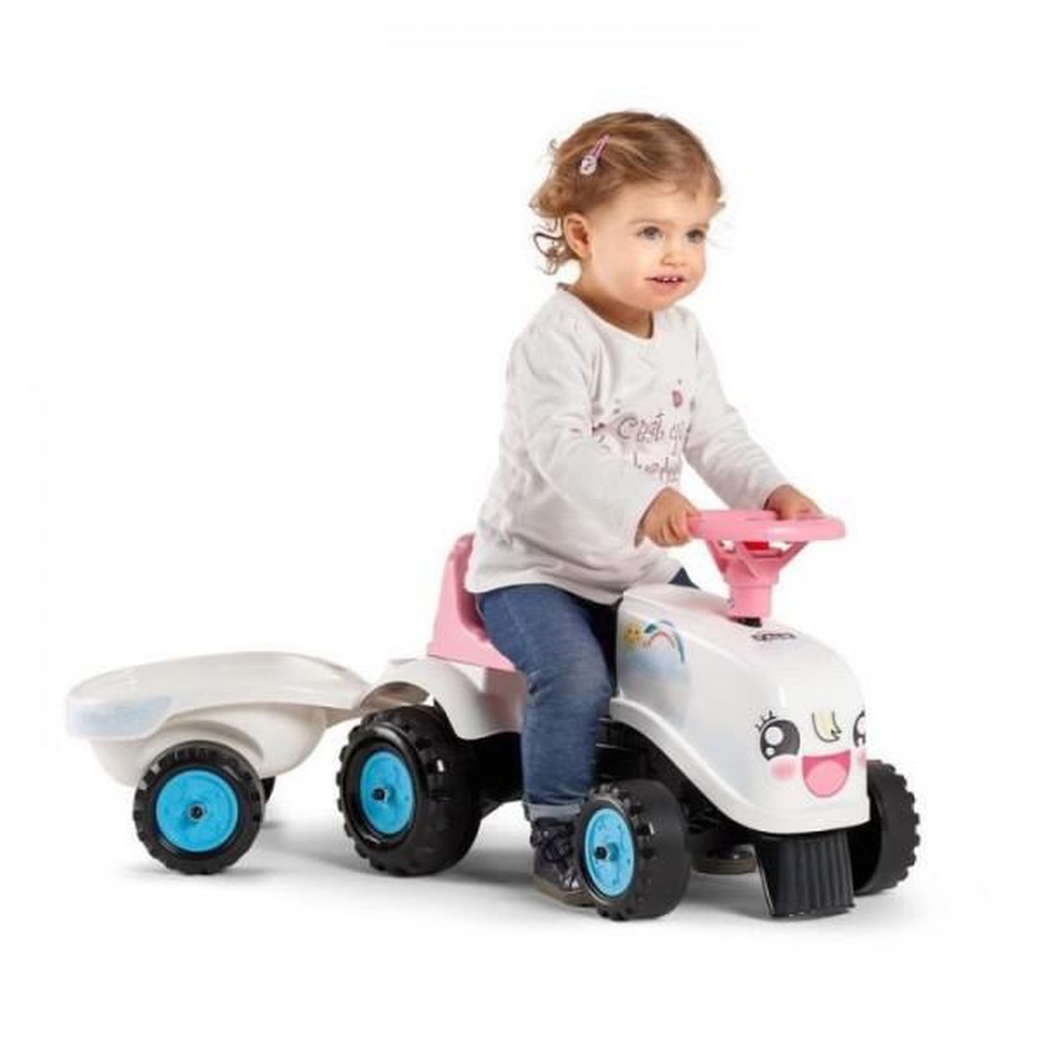 Voir la diapositive 2 : FALK Porteur Trotteur  Tracteur Rainbow Farm avec remorque - FALK - Pour filles des 1 an - Formes rondes et couleurs pastels