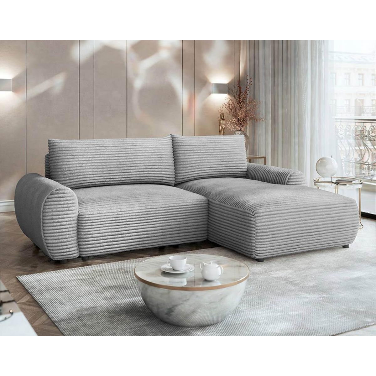 BEST MOBILIER Silvano - canapé d'angle droit 4 places convertible avec coffre en velours côtelé grosses côtes