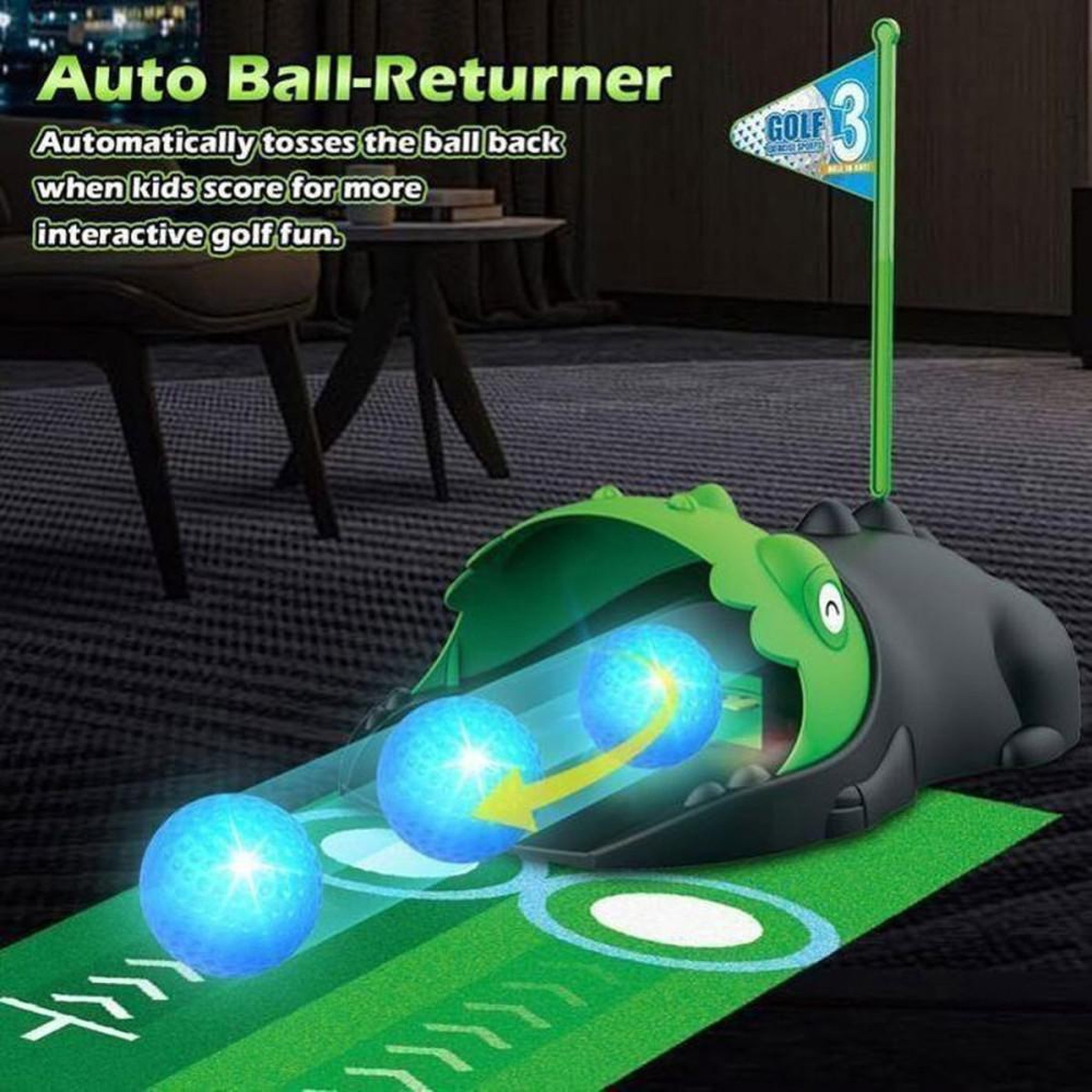 Voir la diapositive 3 : Jeu de golf enfant dinosaures VATOS avec retour automatique de balle, 3 clubs réglables et 6 balles LED
