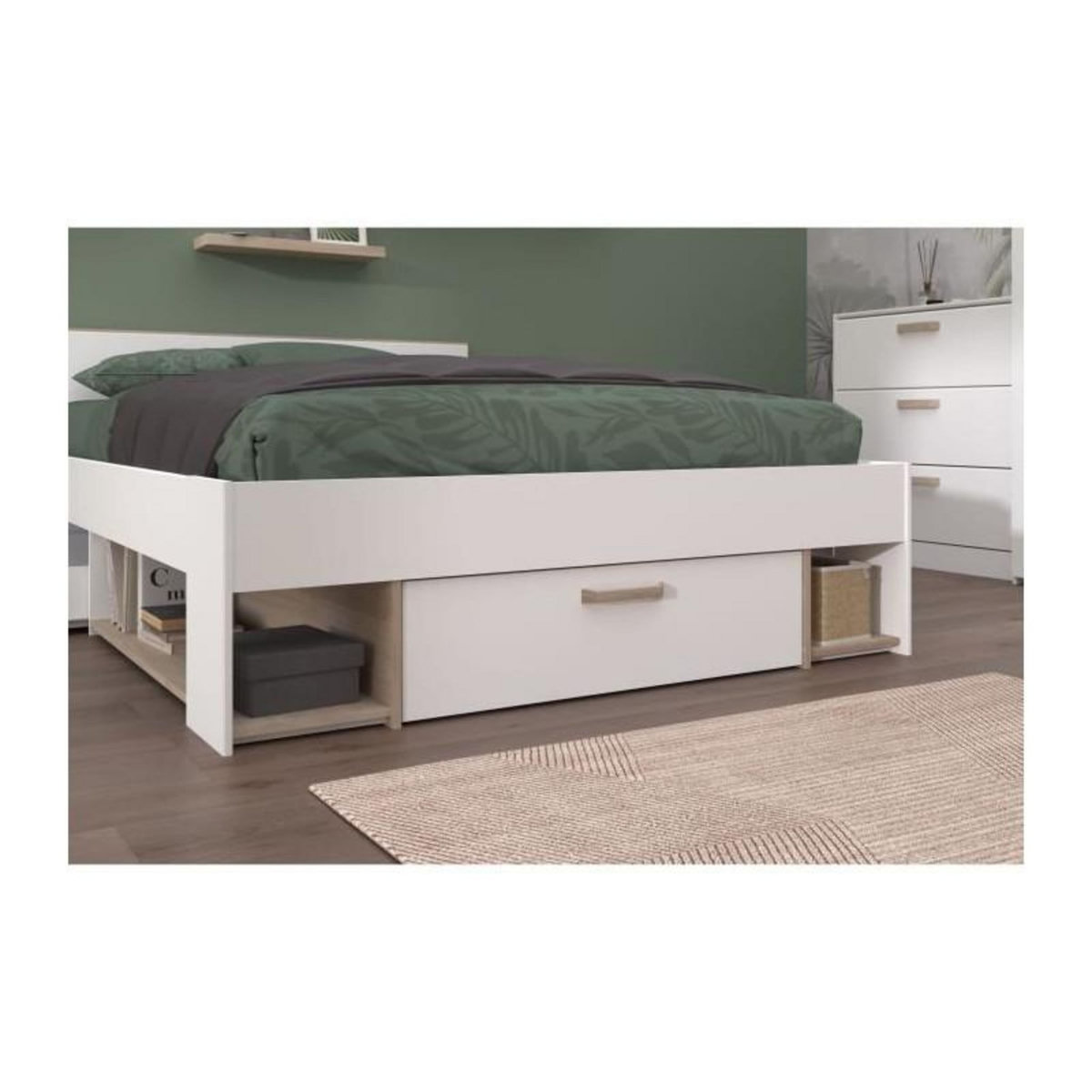 PARISOT Chambre complete adulte DREAM : Lit 140x190/200 cm + 2 chevets + Commode - Décor blanc et chene - PARISOT