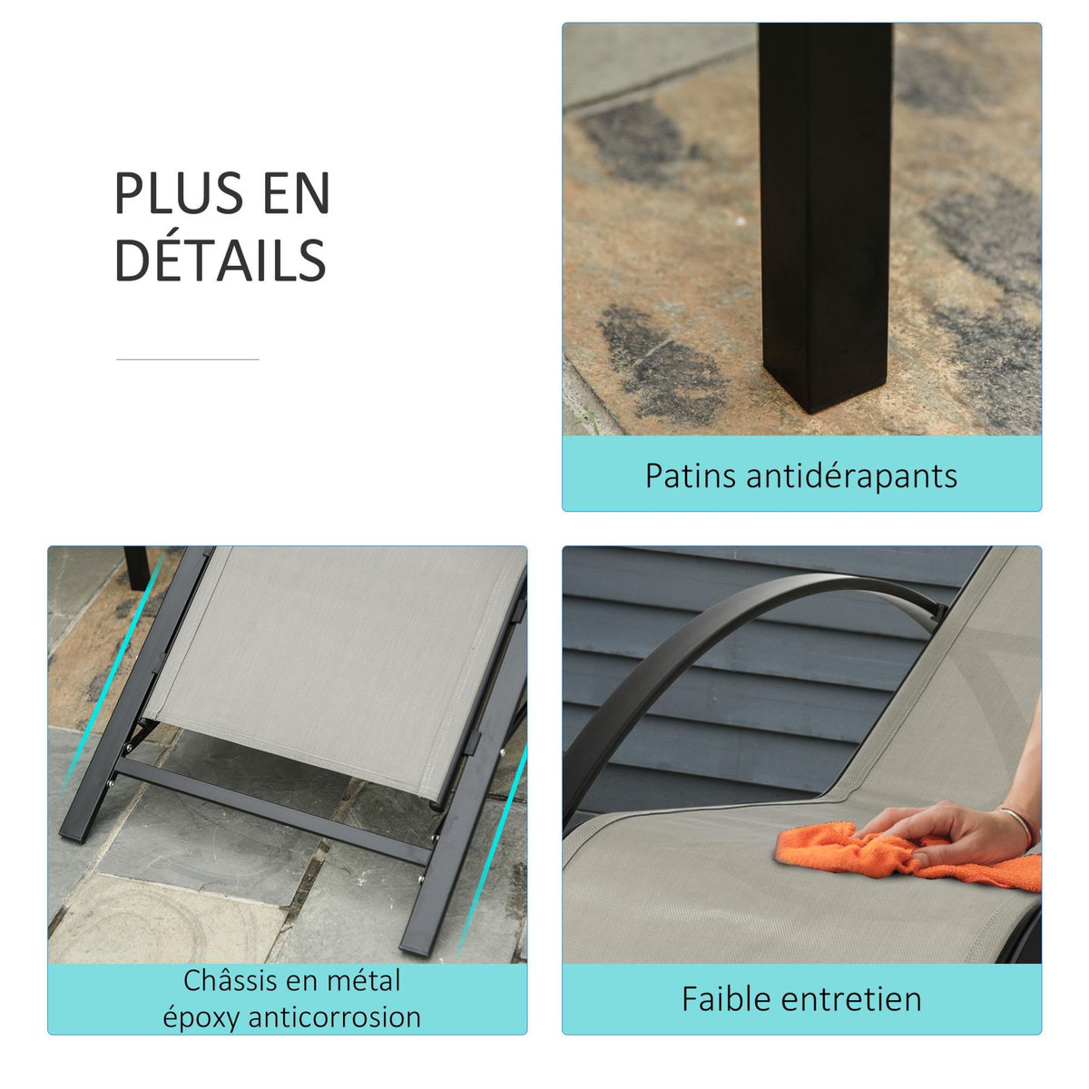 OUTSUNNY Lot de 2 bains de soleil design contemporain table basse plateau verre trempé métal époxy textilène grège