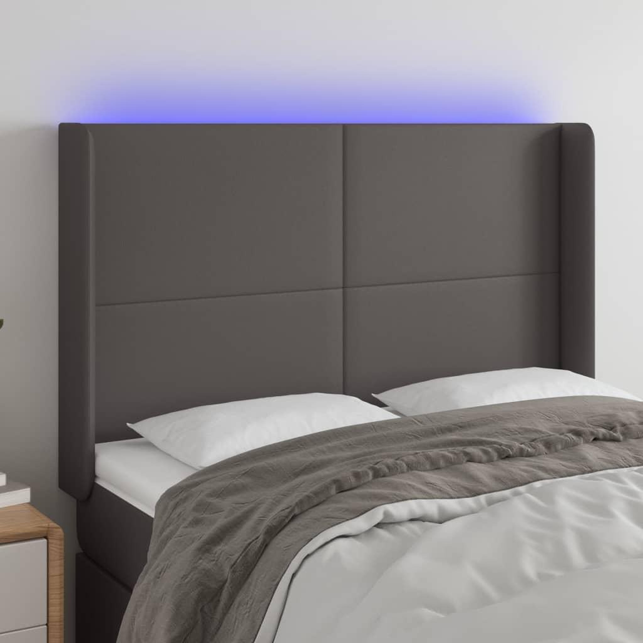 Voir la diapositive 1 : VIDAXL Tete de lit a LED Gris 147x16x118/128 cm Similicuir