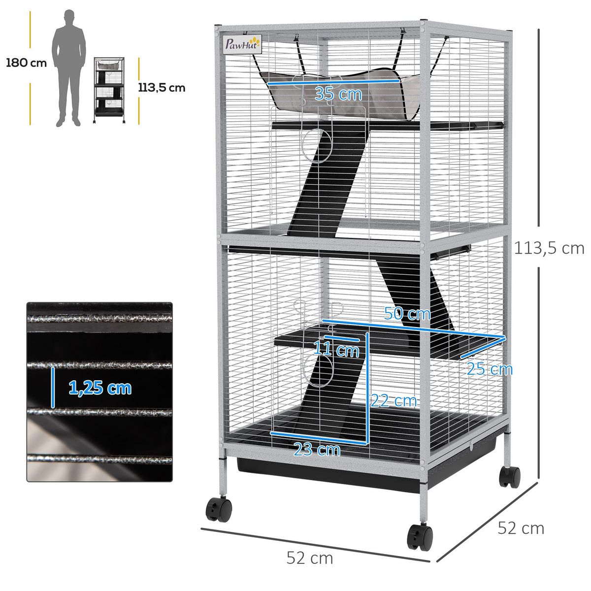 PAWHUT Cage pour petits animaux portable avec 2 portes hamac métal PP 52 x 52 x 113,5 cm