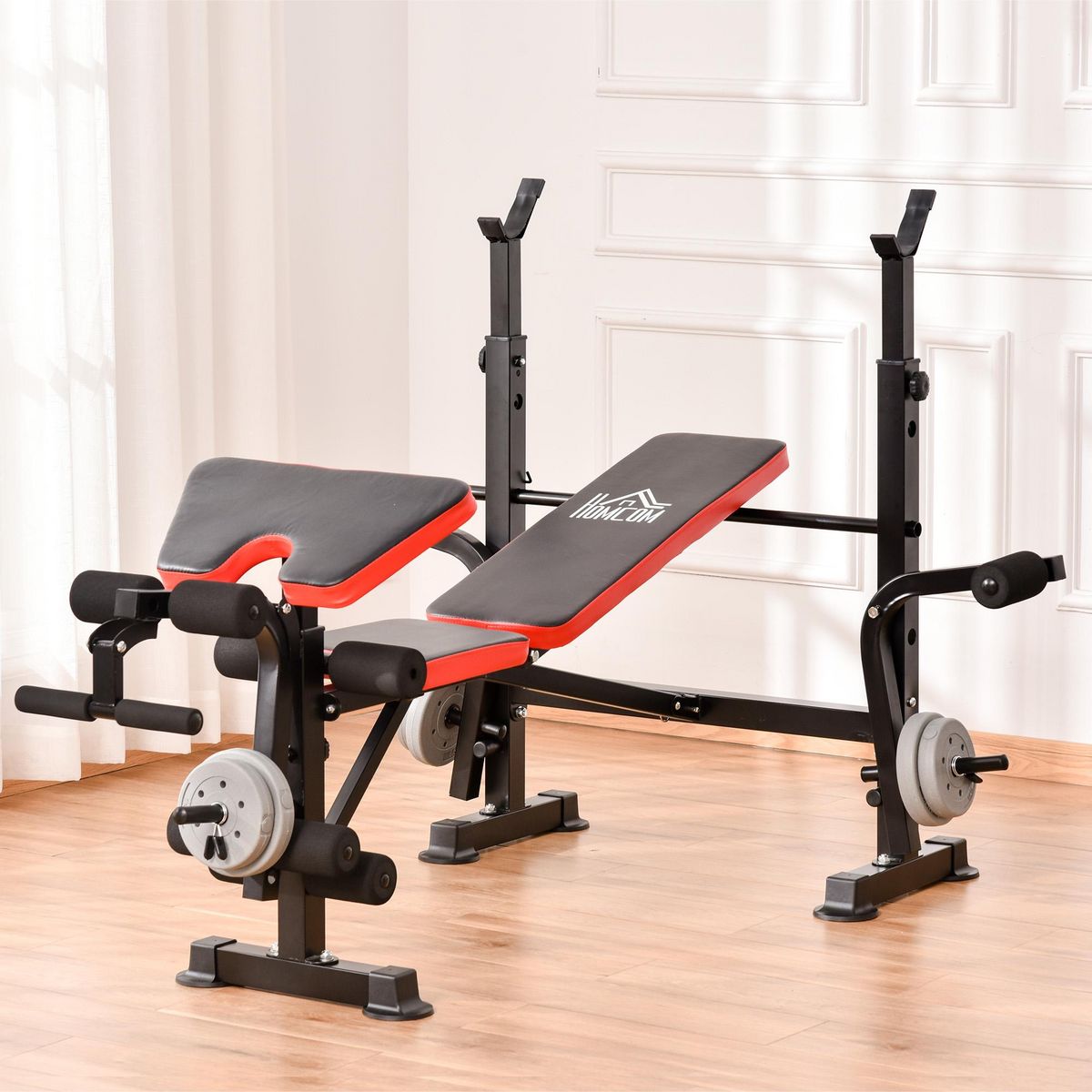 HOMCOM Banc de musculation Fitness entrainement complet avec support d'haltères dossier réglable acier noir rouge