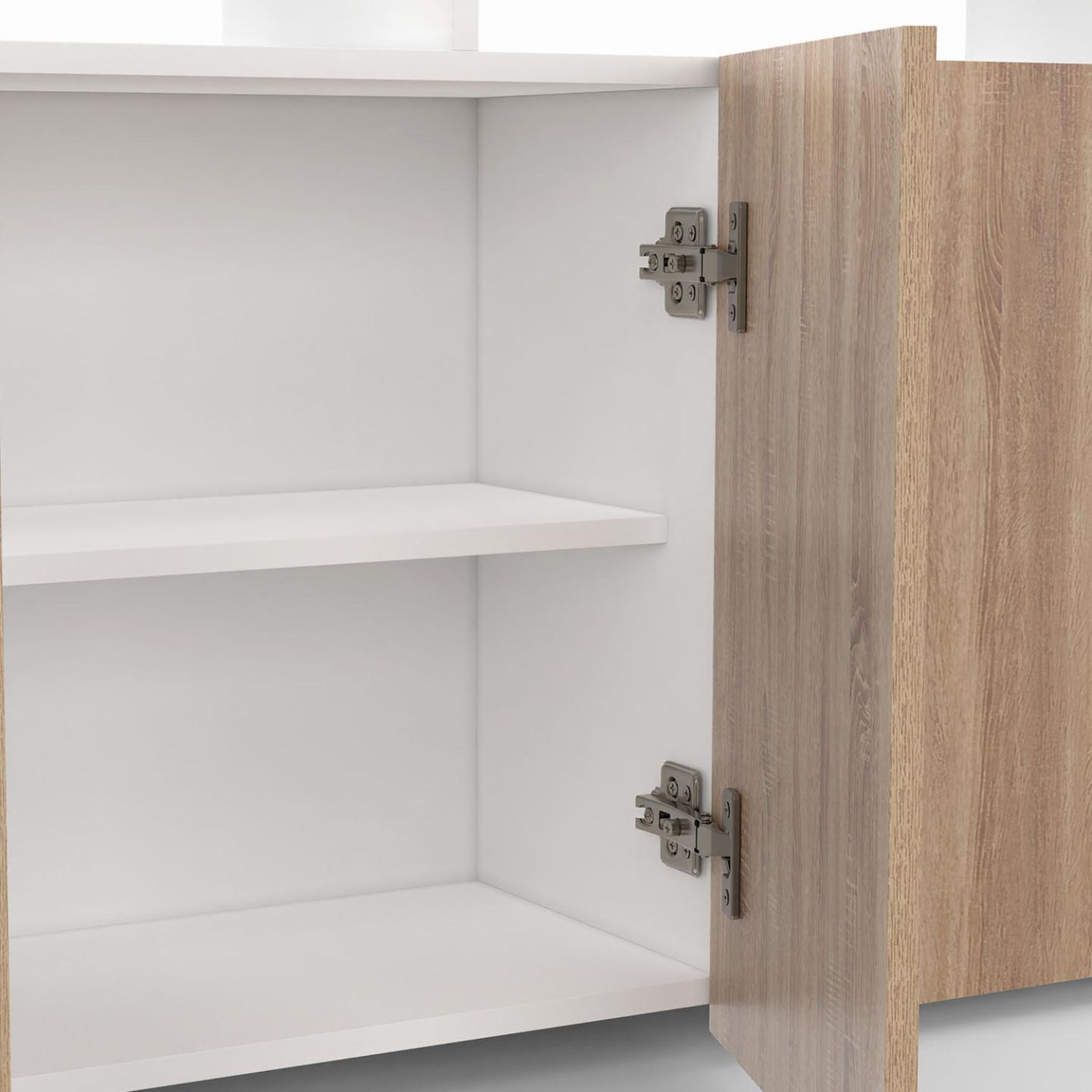 Voir la diapositive 6 : ID MARKET Buffet 110 cm elight 3 portes avec led et niches blanc et bois façon hêtre