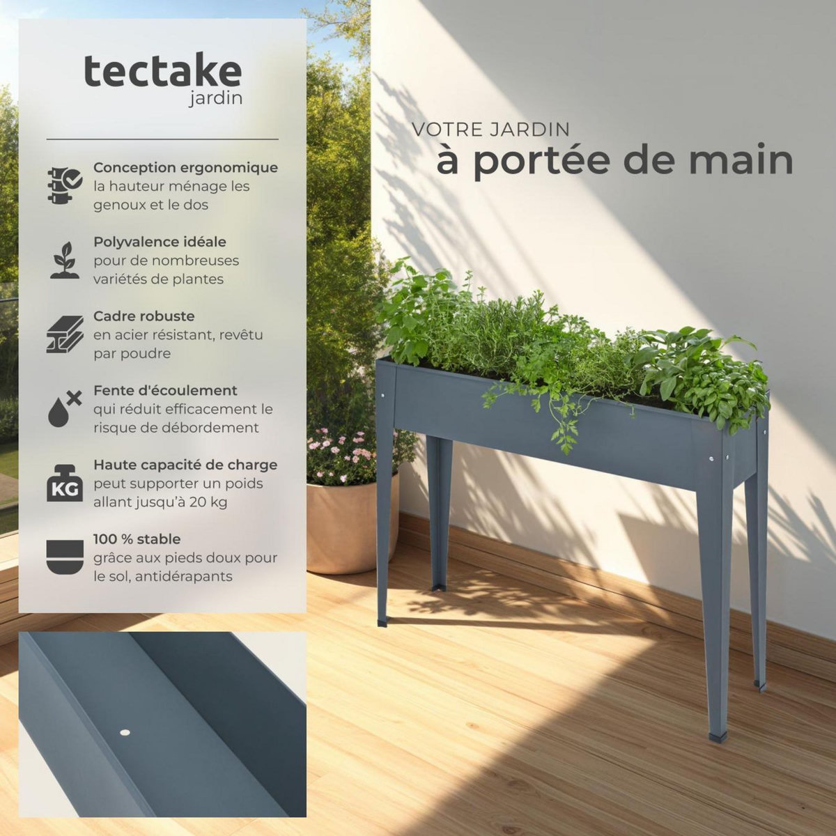tectake Carré potager sur pied en acier lâqué époxy gris anthracite