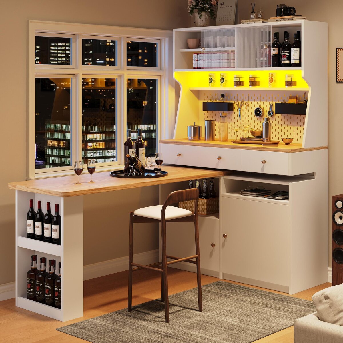 MERAX Buffet de cuisine 4 portes 3 tiroirs - 120 cm blanc led mdf