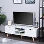 Voir la diapositive 2 : HOMCOM Meuble TV bas sur pied style scandinave 2 portes 2 niches passe-fils panneaux particules MDF blanc bois massif hévéa