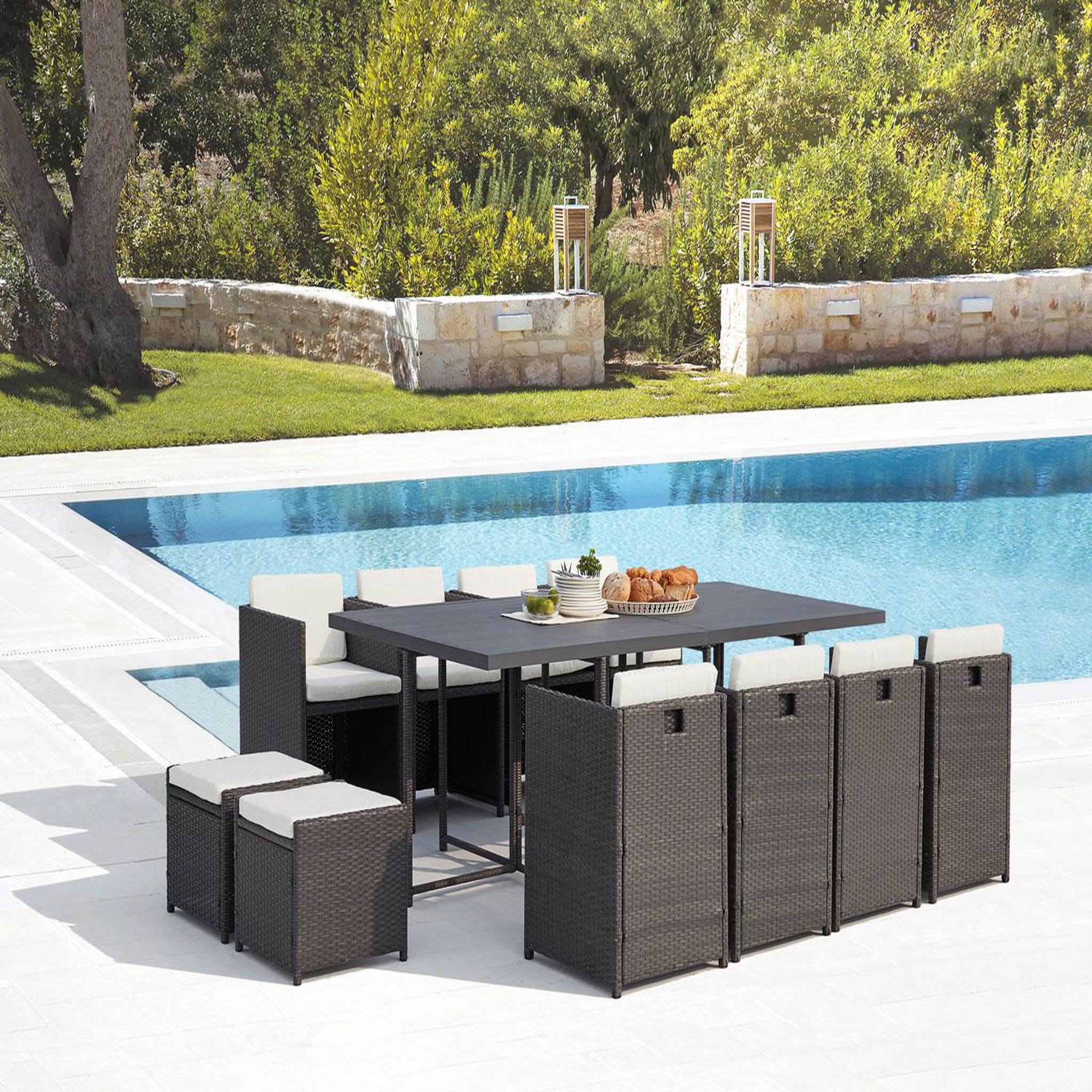 Voir la diapositive 2 : CONCEPT USINE Table et chaise 12 places encastrables alu résine gris-blanc sunset