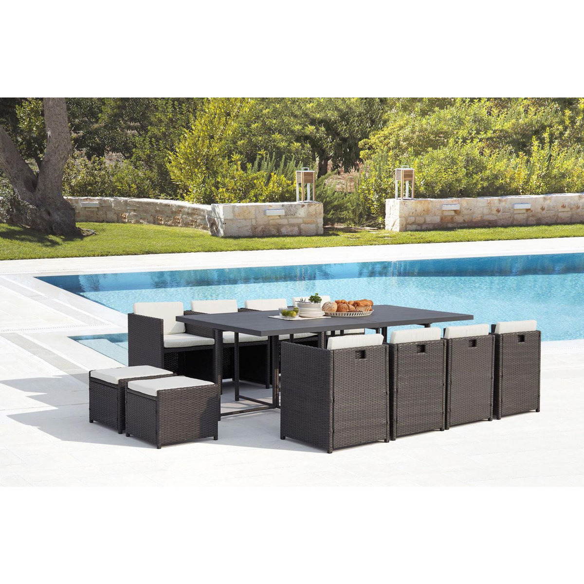 CONCEPT USINE Table et chaise 12 places encastrables alu résine gris-blanc SUNSET