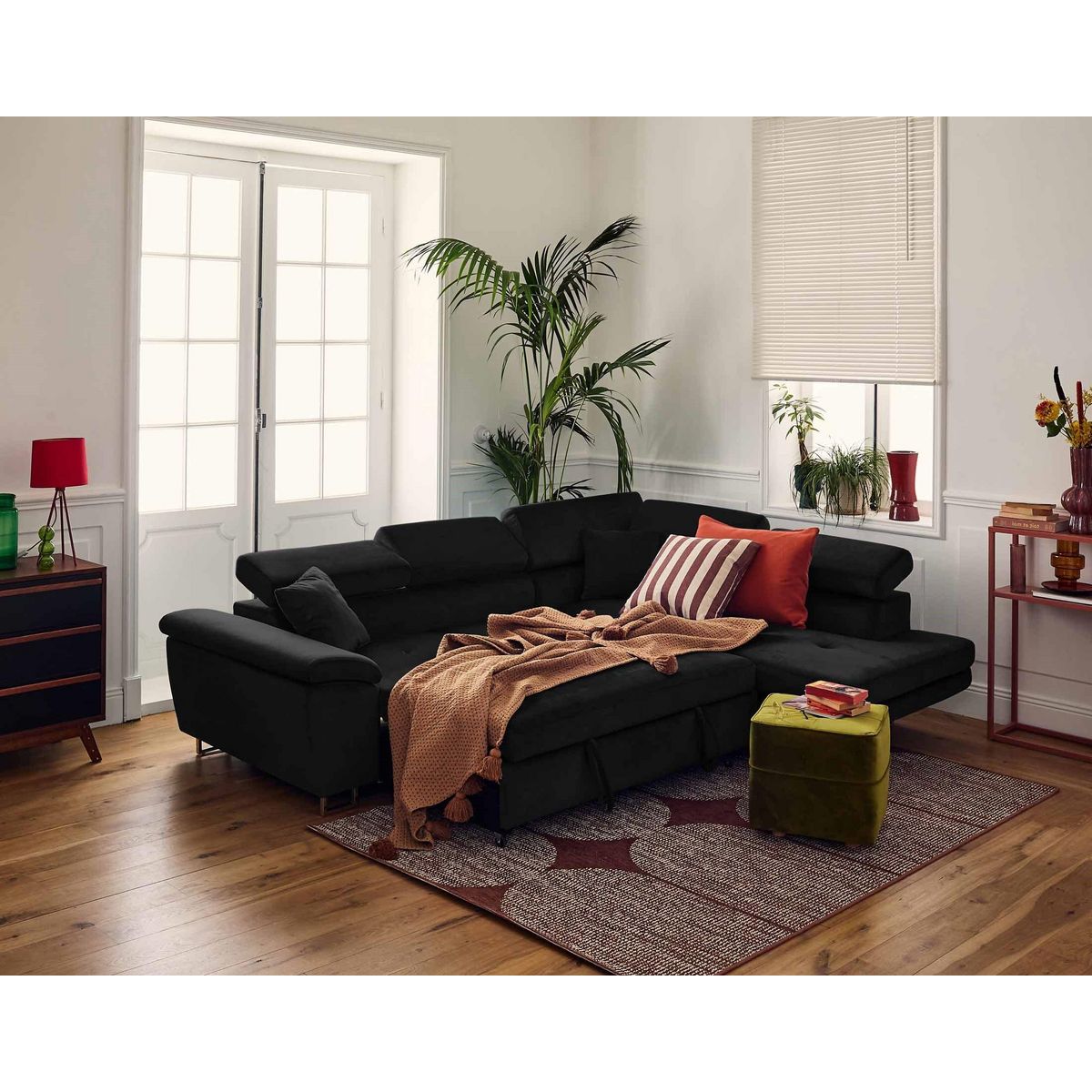 BEST MOBILIER Dimas - canapé d'angle droit 5 places - convertible avec coffre et têtières réglables - en velours