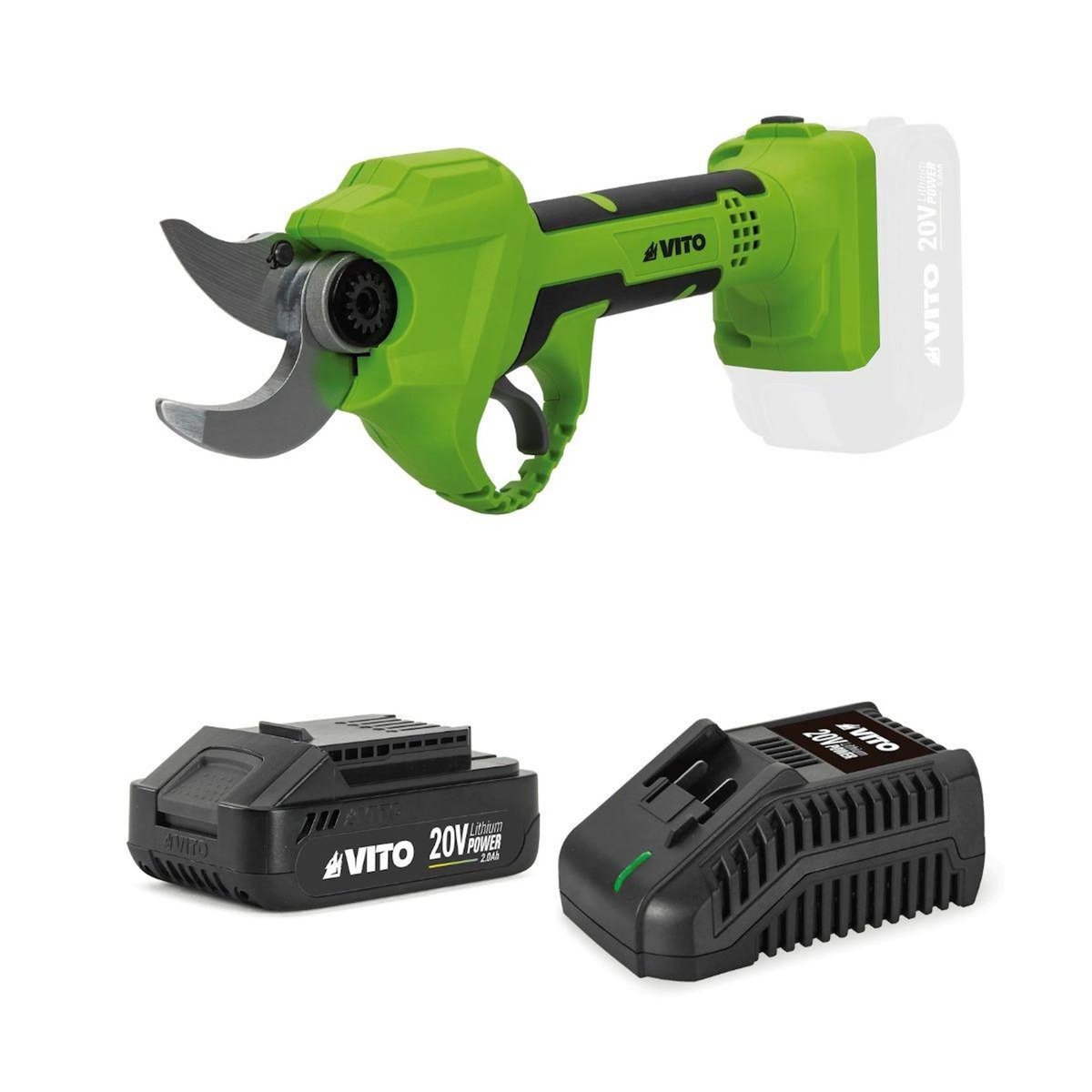 VITO Sécateur sans fil 20V + Batterie Lithium 2Ah Ø de coupe 30 mm Moteur Brushless Chargeur rapide VITO