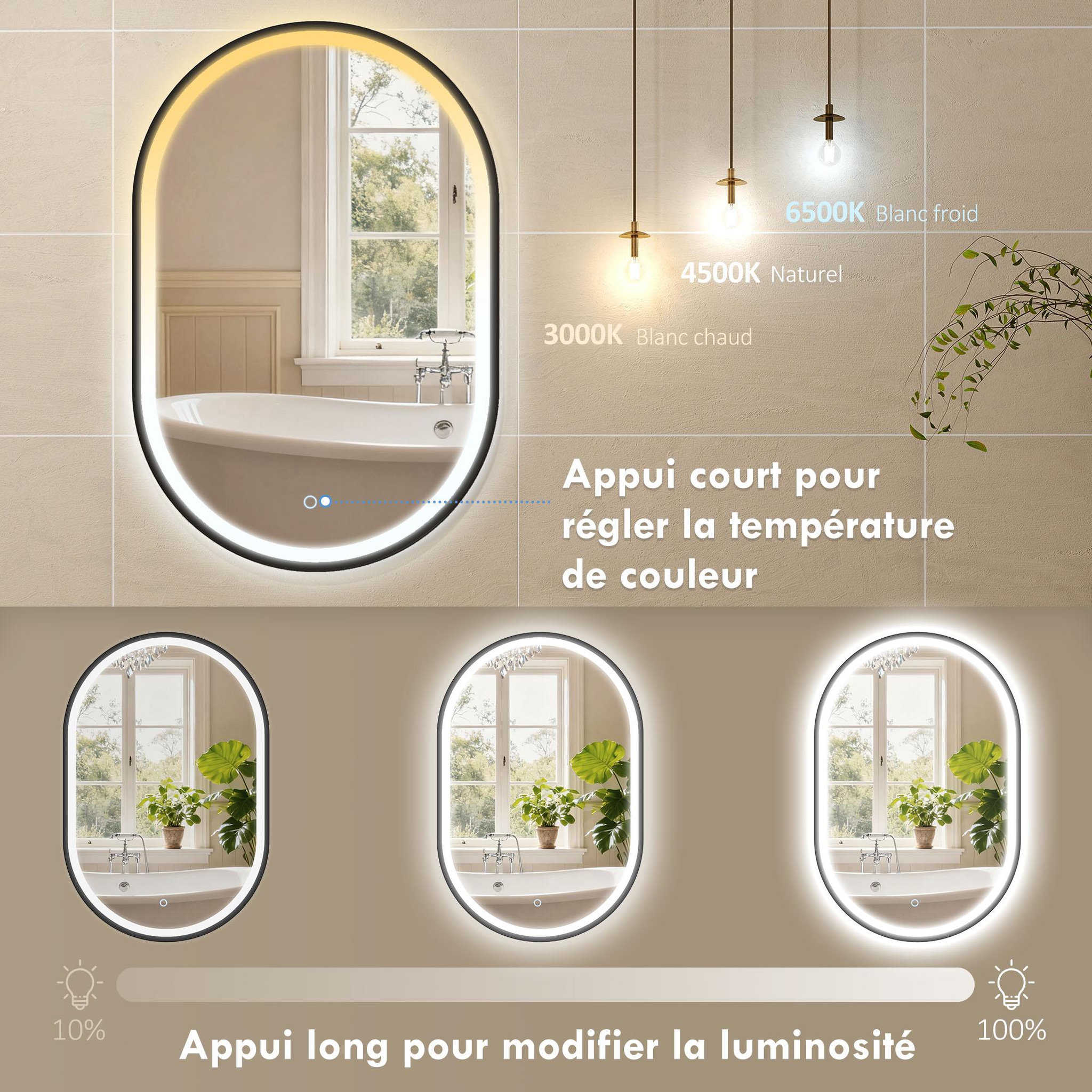 Voir la diapositive 6 : HOMCOM Miroir salle de bain led design ovale 50 x 70 cm anti-buée dimmable tactile réglable verre trempé alu noir