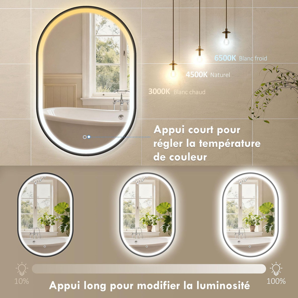 HOMCOM Miroir salle de bain LED design ovale 50 x 70 cm anti-buée dimmable tactile réglable verre trempé alu noir