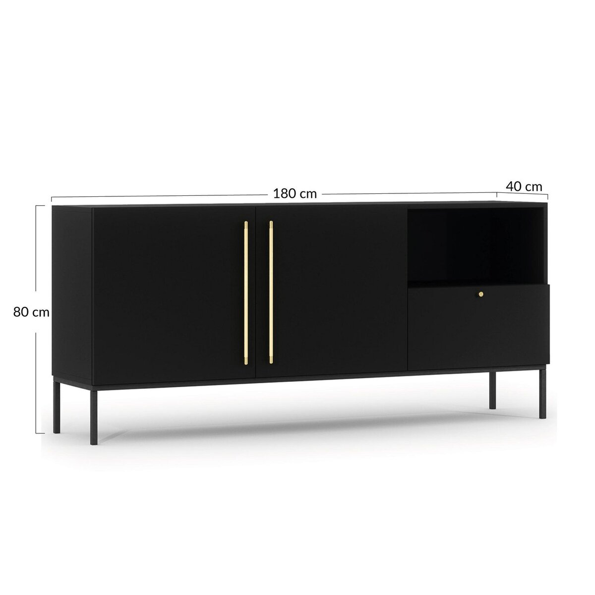 BEST MOBILIER Felicia - buffet bas - noir - 2 portes, 1 tiroir et 1 niche - 180 cm
