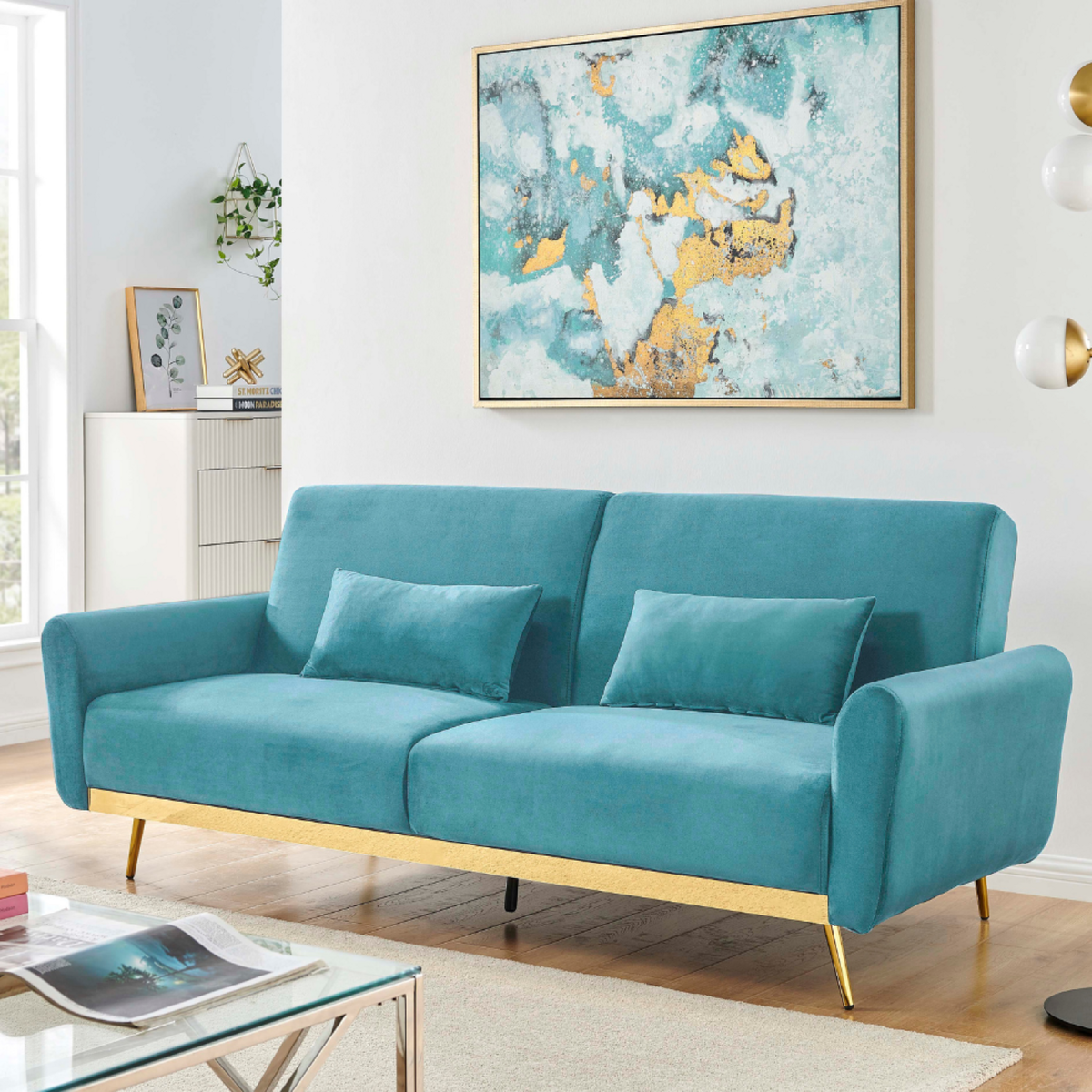 CONCEPT USINE Canapé convertible 3 places en velours bleu CYANO