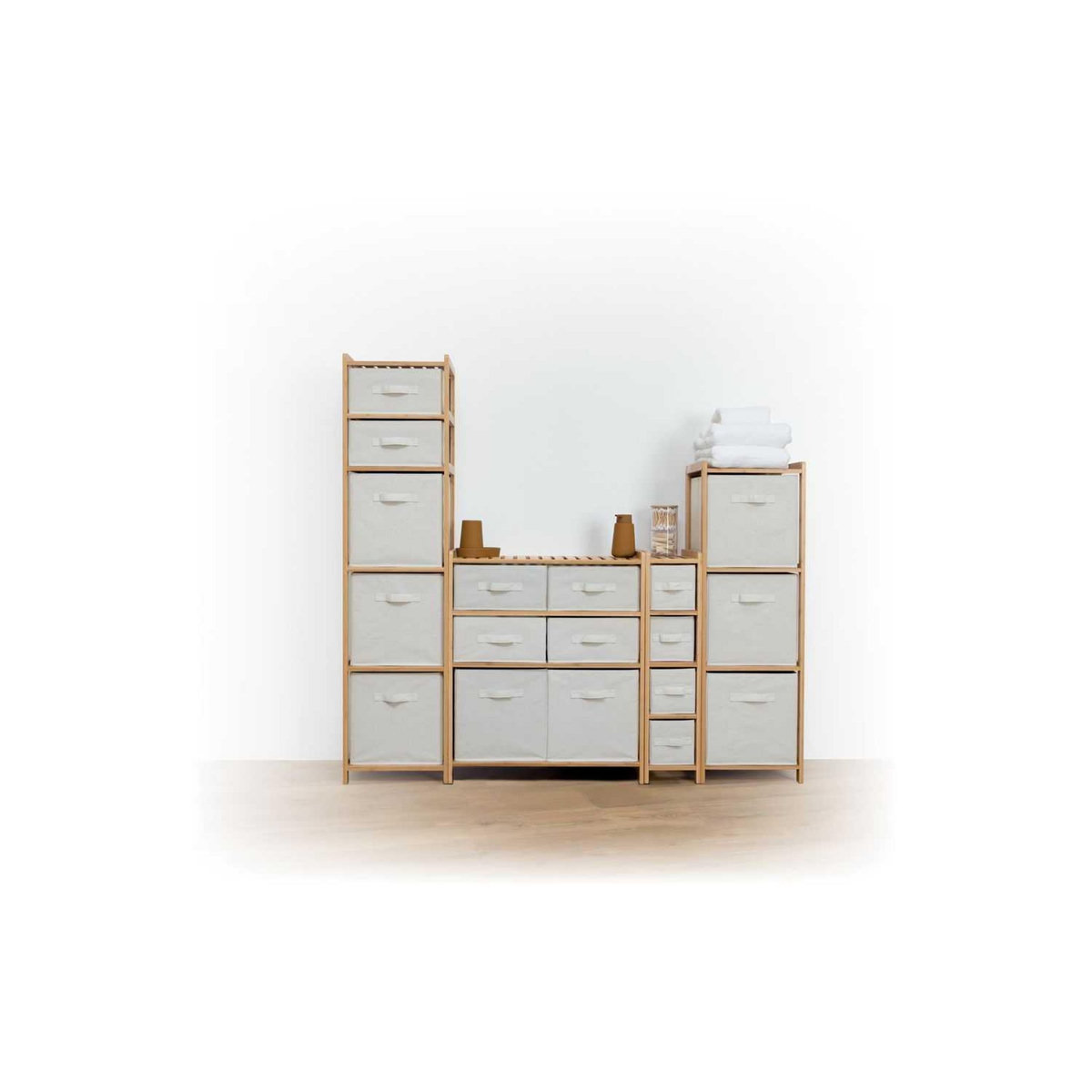 FIVE Meuble étagère double 6 paniers - Banc et Marron