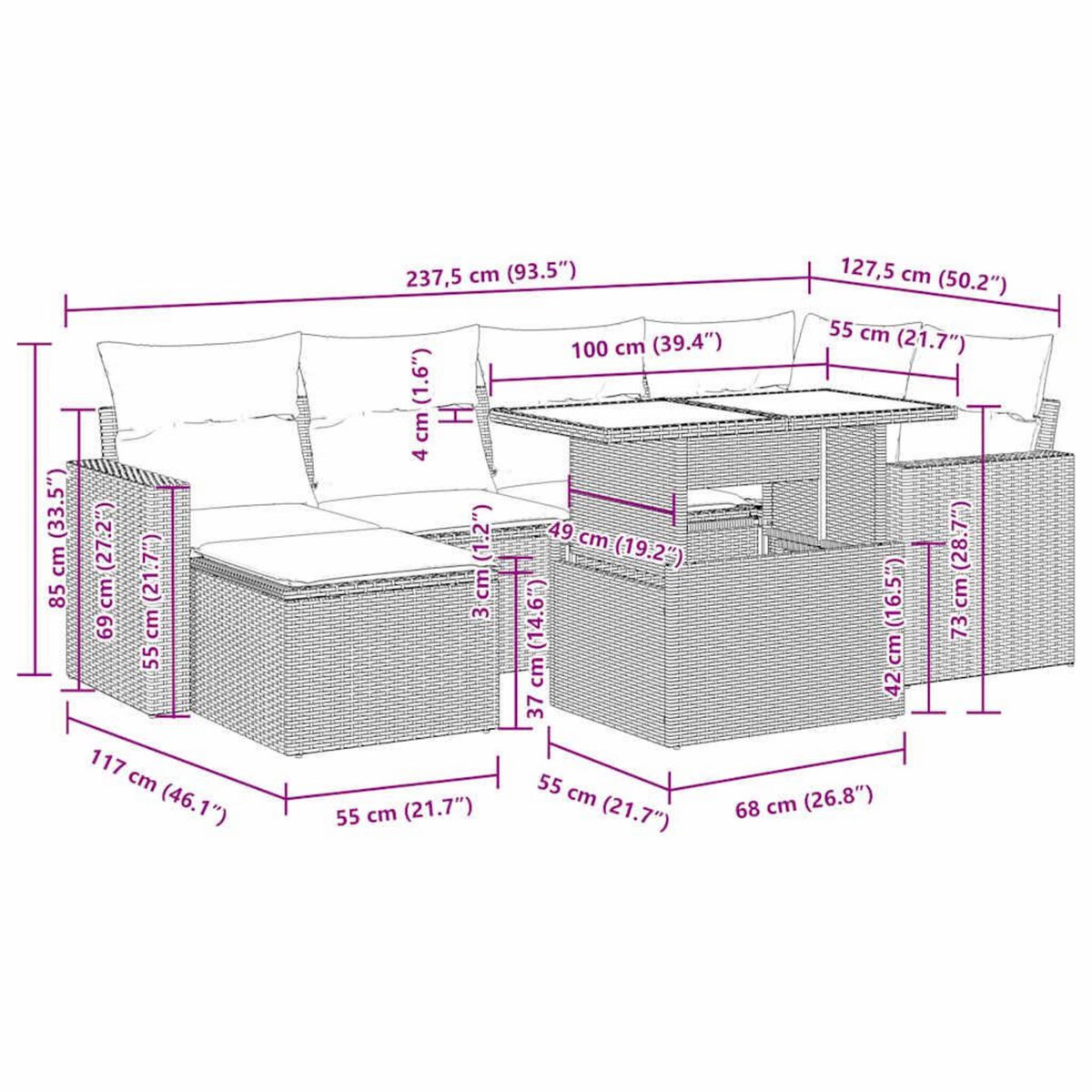 VIDAXL Salon de jardin avec coussins 7 pcs beige resine tressee