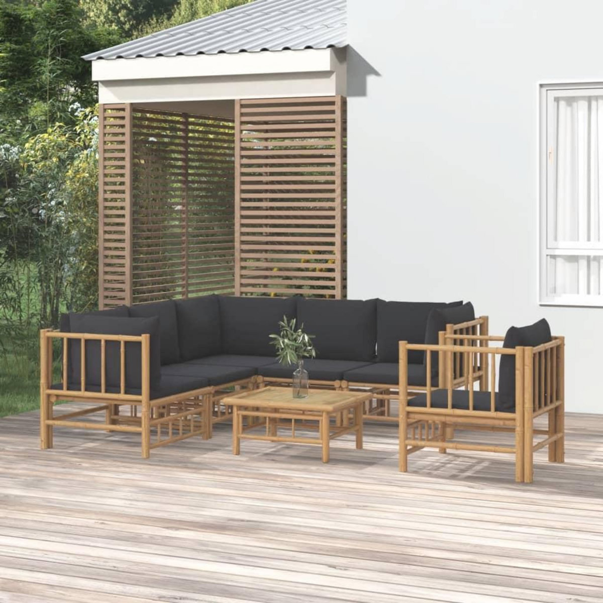 VIDAXL Salon de jardin 7 pcs avec coussins gris fonce bambou