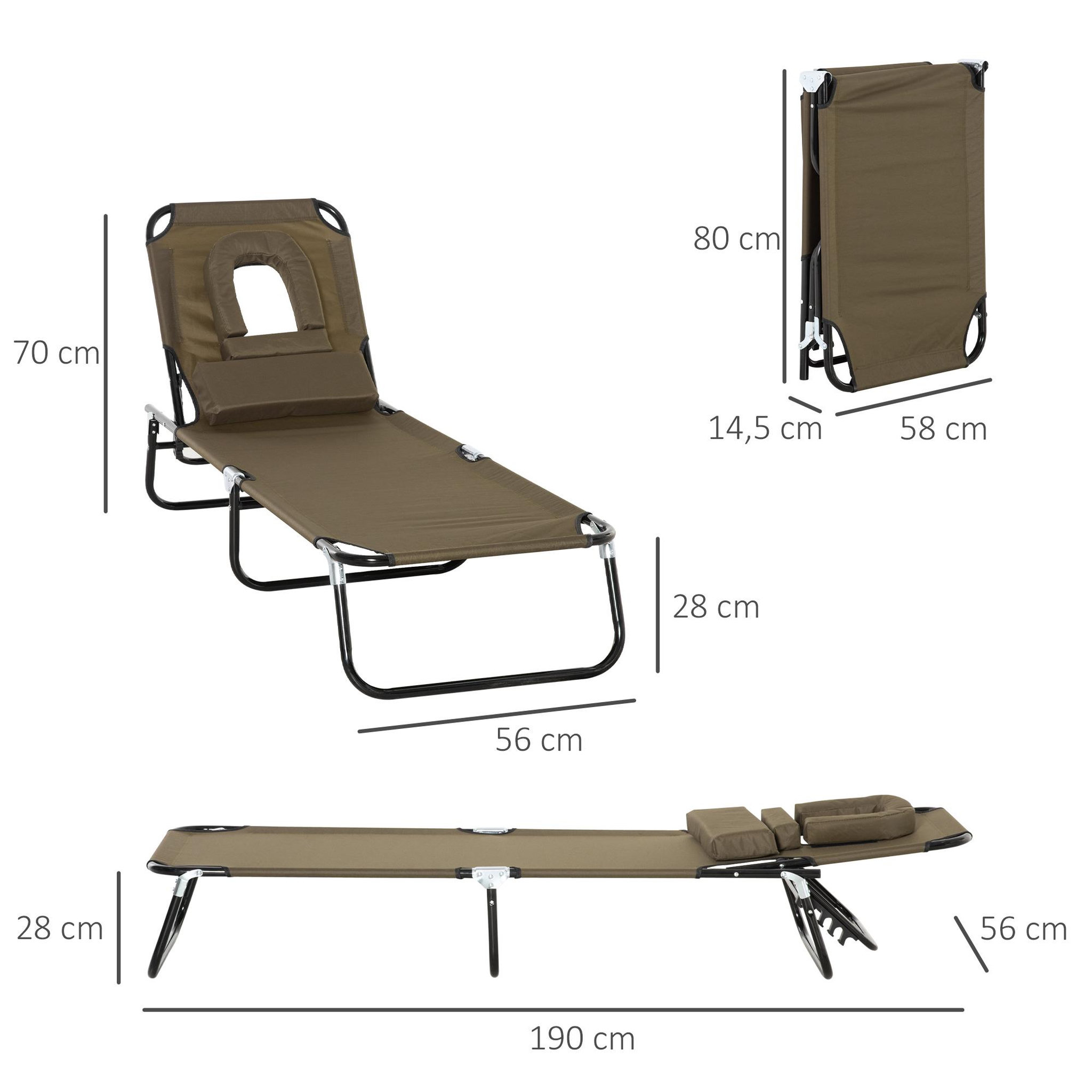 Voir la diapositive 3 : OUTSUNNY Bain de soleil pliable transat inclinable 4 positions chaise longue de lecture 3 coussins fournis marron