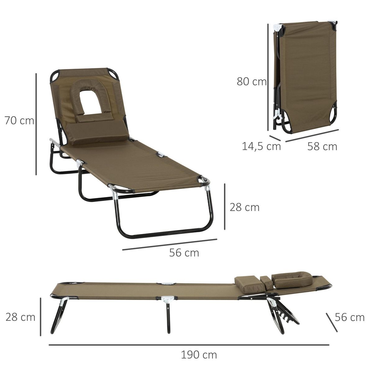 OUTSUNNY Bain de soleil pliable transat inclinable 4 positions chaise longue de lecture 3 coussins fournis marron