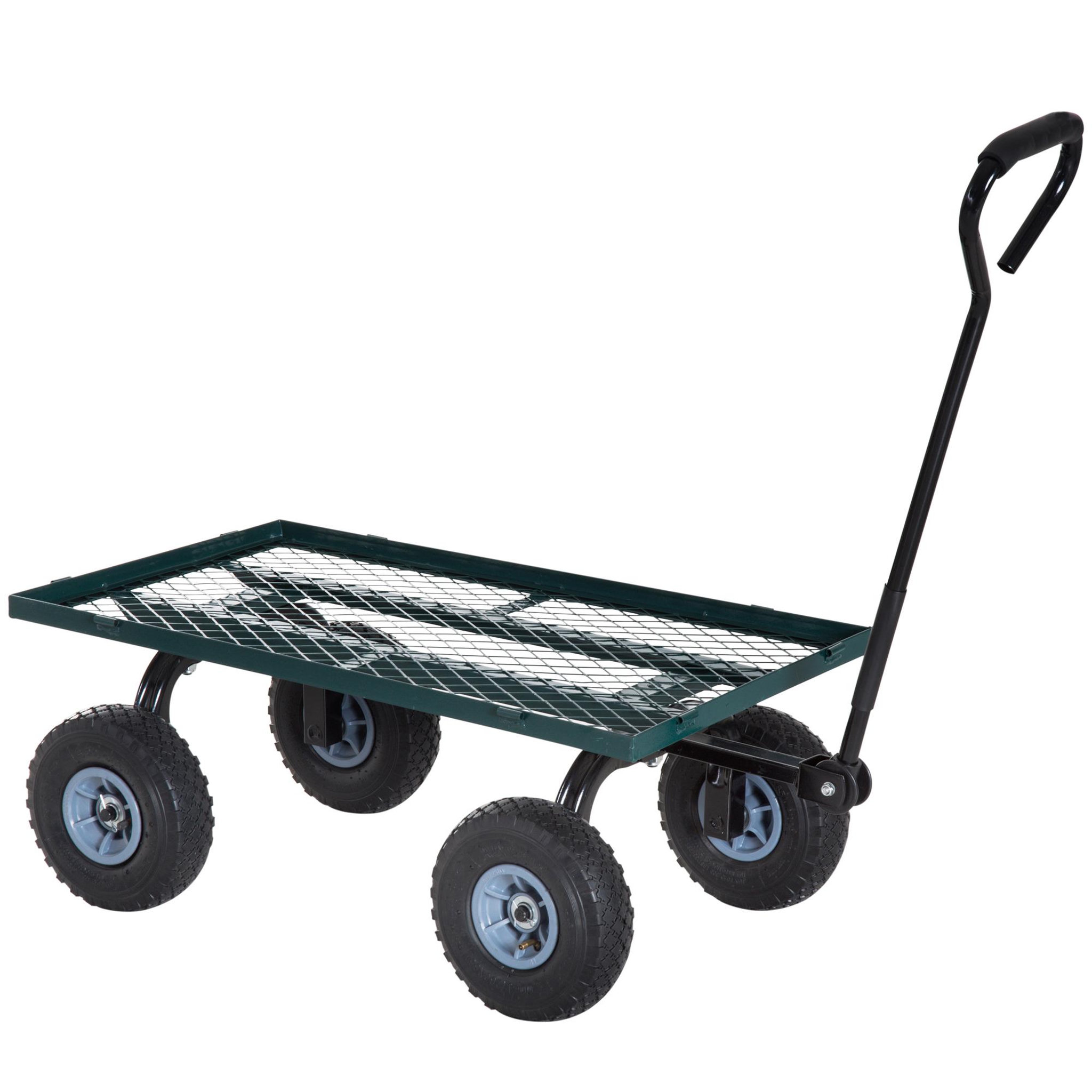 Voir la diapositive 4 : OUTSUNNY Chariot de transport jardin remorque à main charrette à bras 4 roues 98l x 45l x 85h cm charge max. 150 kg métal vert