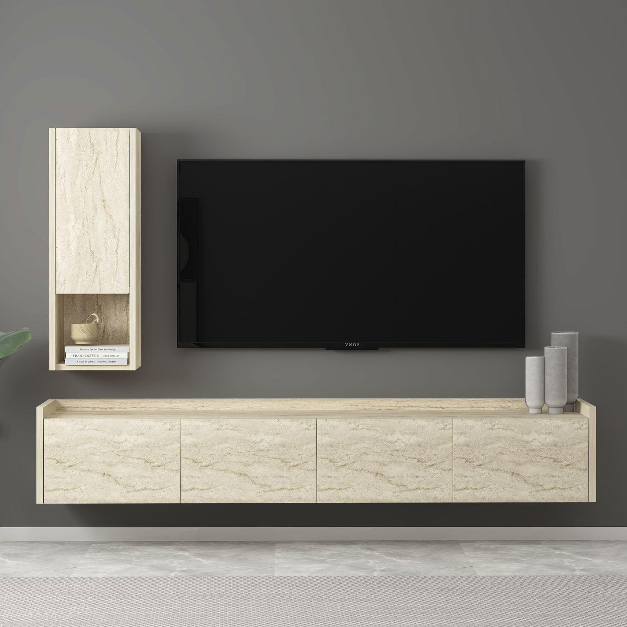 Voir la diapositive 2 : Habitat et Jardin Meuble tv avec étagère murale en bois  sema  - 160 x 30 x 35 cm - travertin