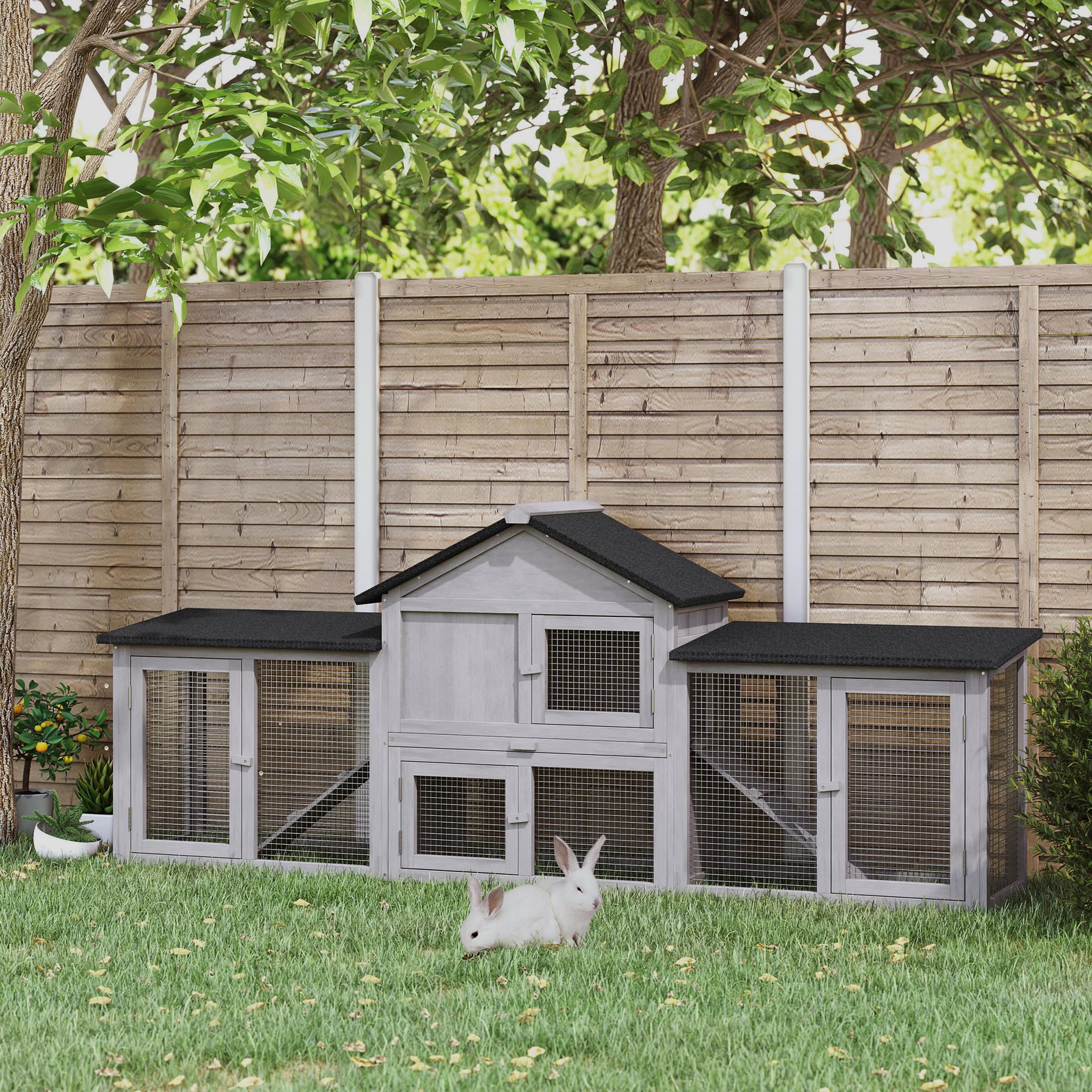 Voir la diapositive 2 : PAWHUT Clapier cage à lapins rongeurs xxl 2 étages toit bitumé intégral tiroir déjection 2,10l x 0,46l x 0,85h m bois pin pré-huilé gris