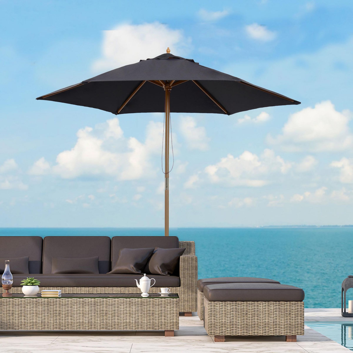 OUTSUNNY Parasol droit hexagonal grande taille de jardin Ø 2,5 x 2,3H m bois de bambou noir