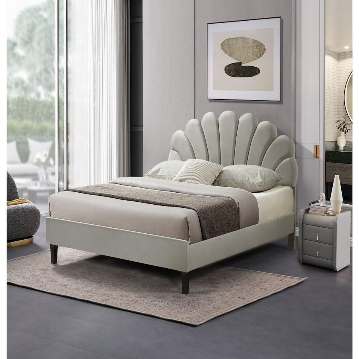 Habitat et Jardin Lit coquillage en velours  Manon  - 160 x 200 cm - Gris