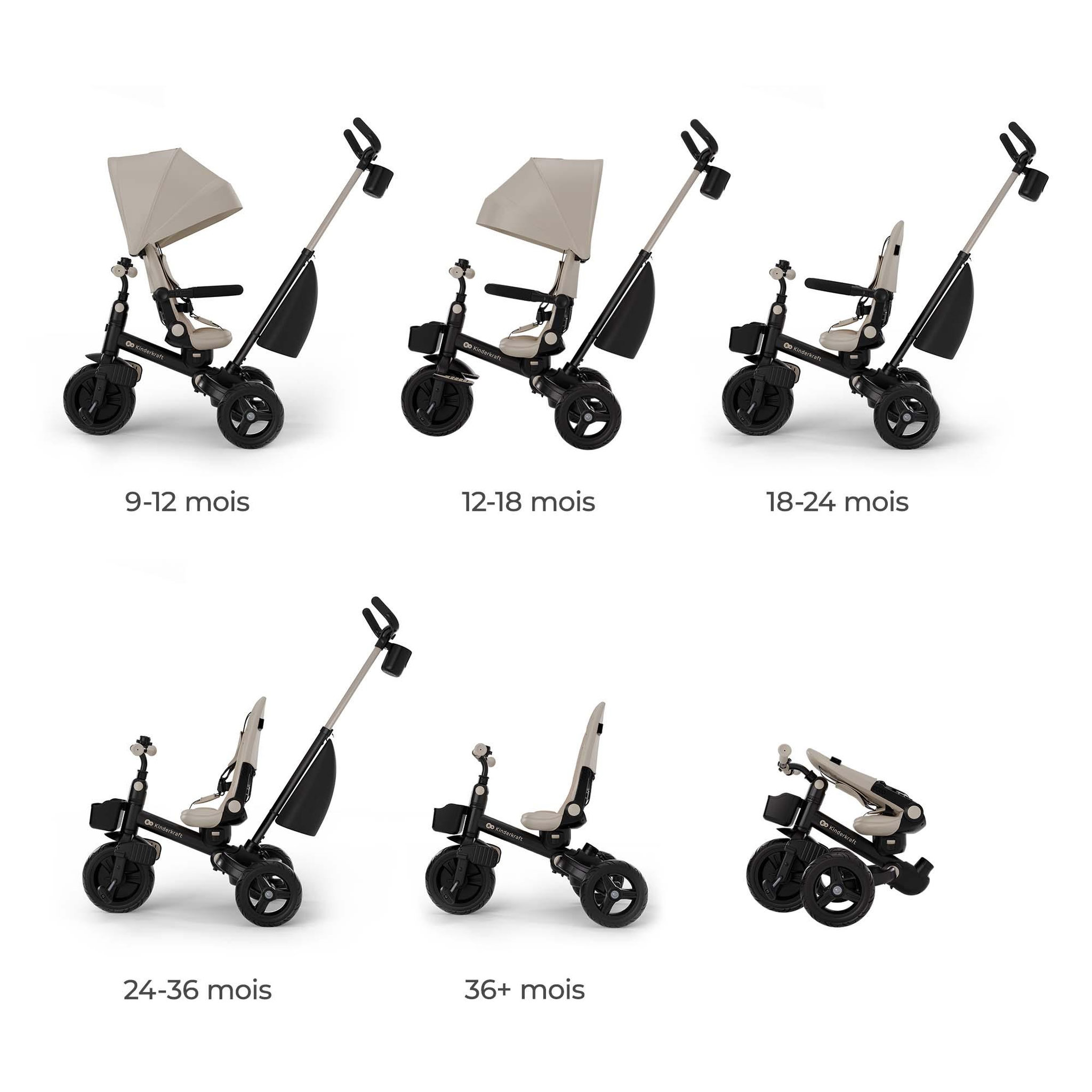 Voir la diapositive 2 : KINDERKRAFT Tricycle Kinderkraft AVEO 2 PLUS 6-en-1 évolutif, siège 360°, position allongée, canopy UPF50+, pliage rapide, Beige