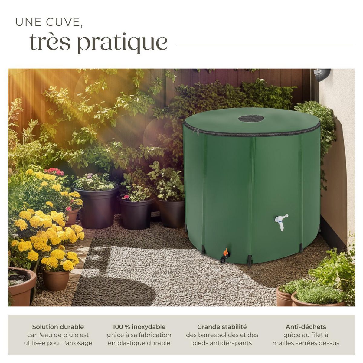tectake Tonneau récupérateur d'eau de pluie avec robinet et protection anti-débordement vert 750 L