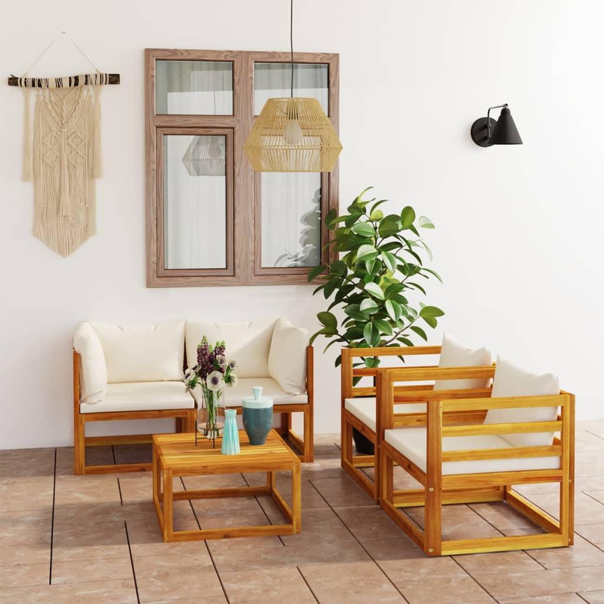 Voir la diapositive 1 : VIDAXL Salon de jardin 5 pcs avec coussin Creme Bois d'acacia solide