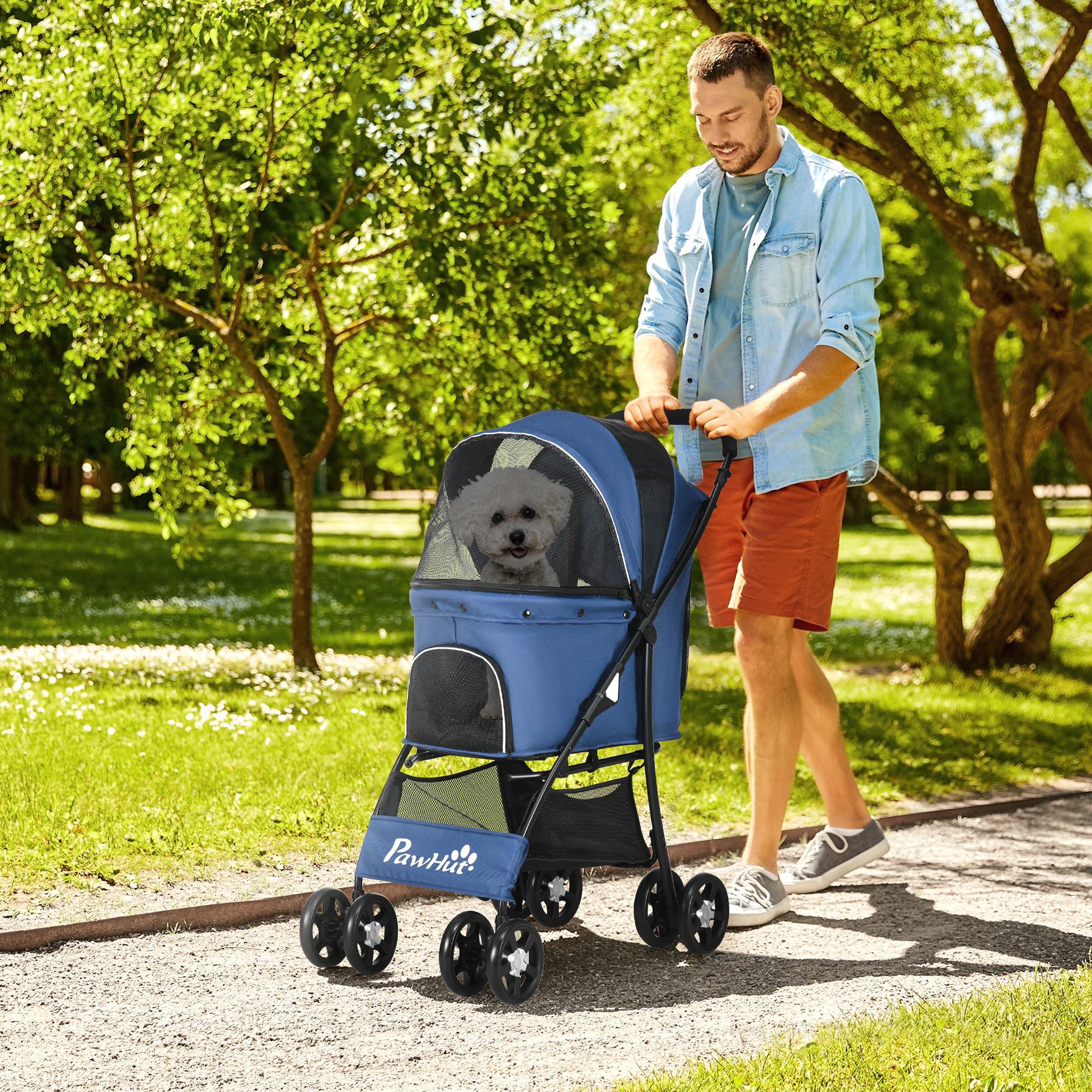 Voir la diapositive 2 : PAWHUT Poussette pliable pour chien chat - 4 roues doubles, 2 freins, attache, coussin inclus - acier Oxford bleu