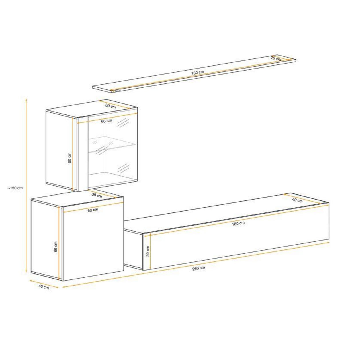 Paris Prix Meuble TV Mural Design  Switch XV  260cm Naturel & Blanc