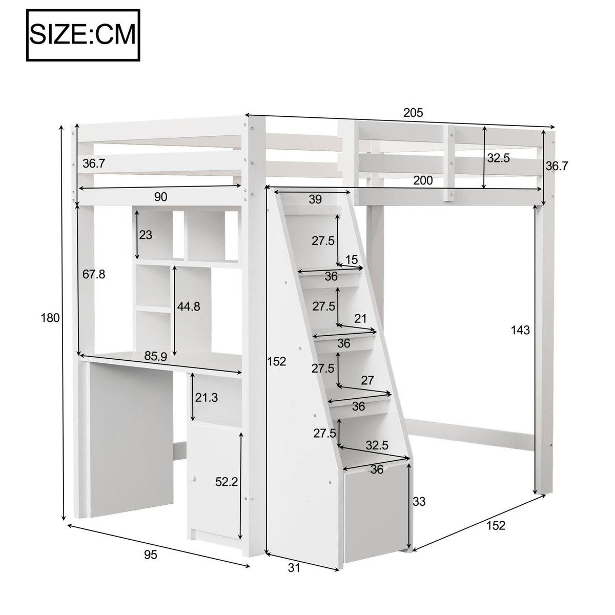 MERAX Lit combiné enfant 90x200cm bois coloris blanc
