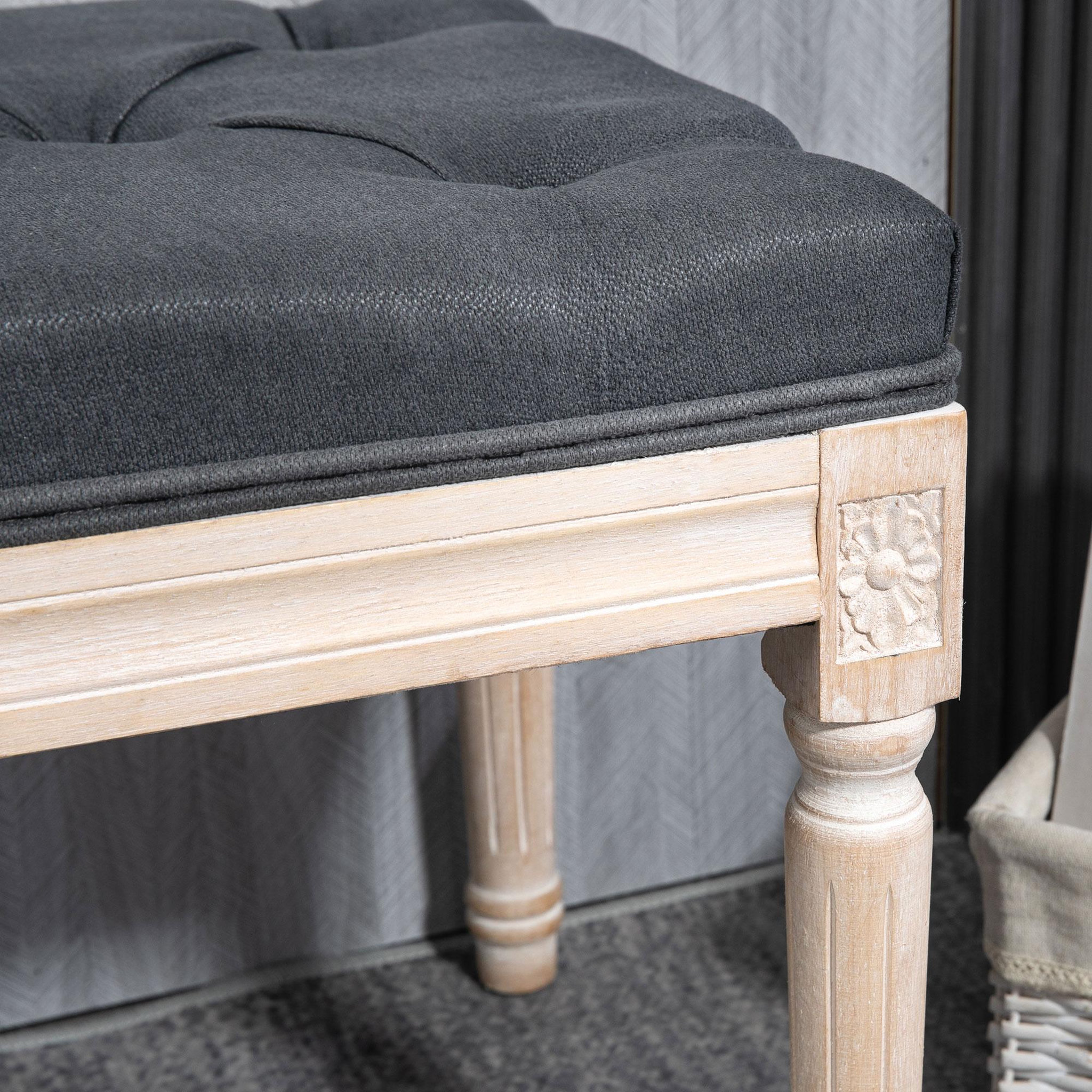 Voir la diapositive 4 : HOMCOM Tabouret repose-pied capitonné style classique - bois d'hévéa sculpté, patiné - revêtement aspect lin gris