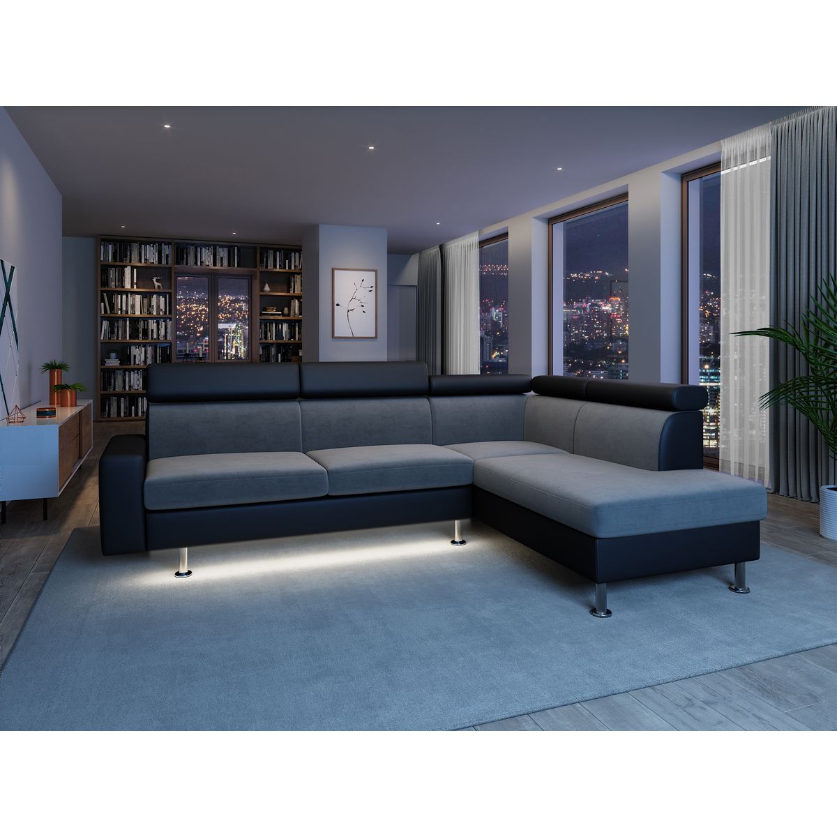 Canapé d'angle 4-5 places avec LED - TOMY- Simili Noir, microfibre Grise - Angle droit