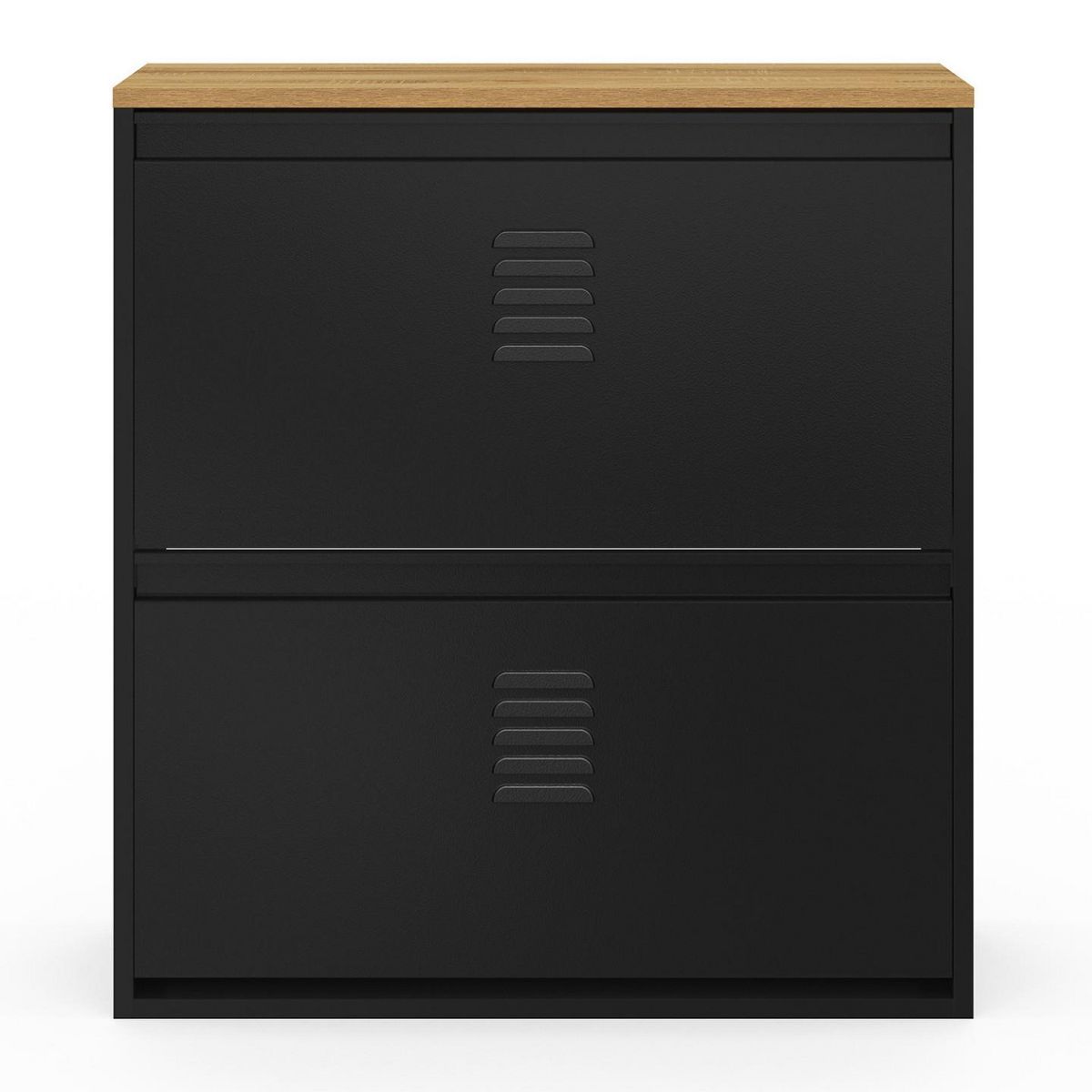 ID MARKET Meuble à chaussures 12 paires ESTER 2 portes métal noir et plateau façon hêtre design industriel