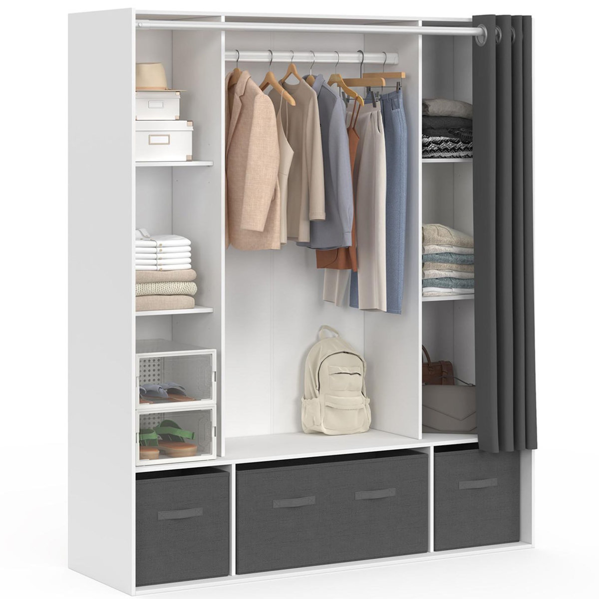 ID MARKET Dressing double penderie DIANE 140 x 45 x 167 cm blanc avec étagères + boites de rangement + rideau gris