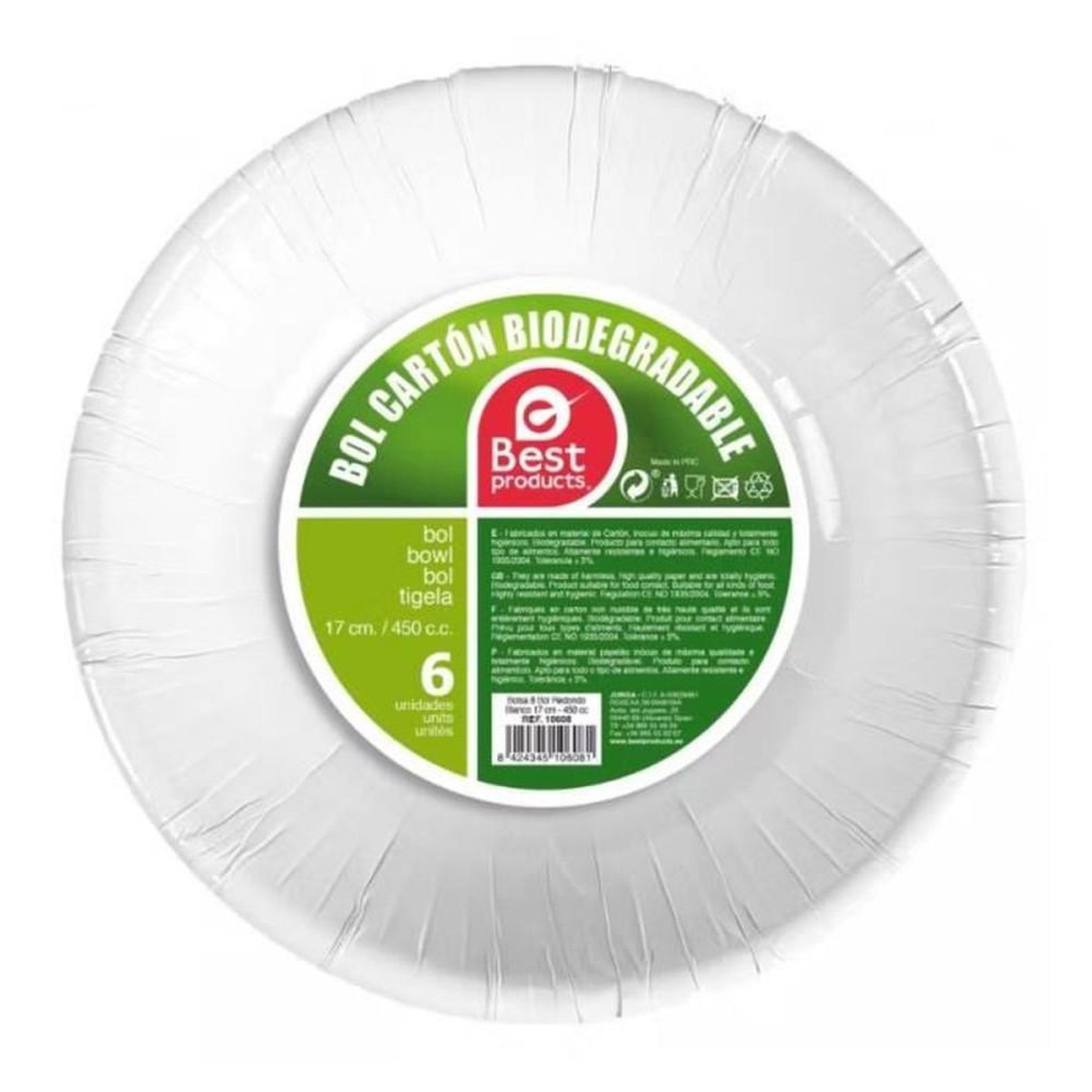 Set de 6 bols en papier biodégradable blanc, 17 cm, 450 c.c.