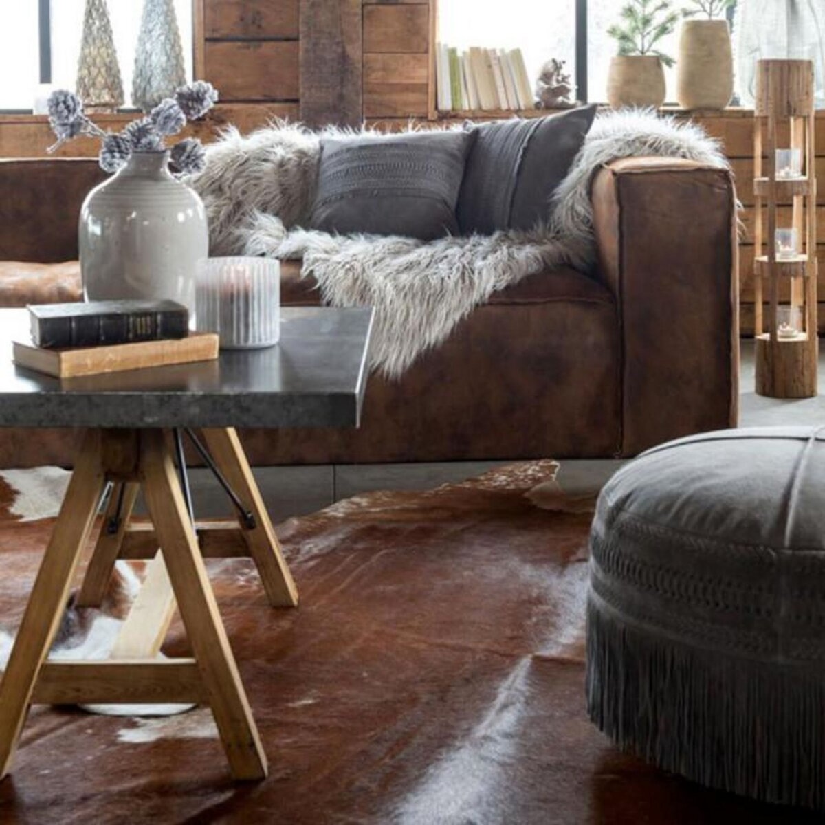 Paris Prix Tapis Déco en Cuir  Vache  230x240cm Marron & Blanc