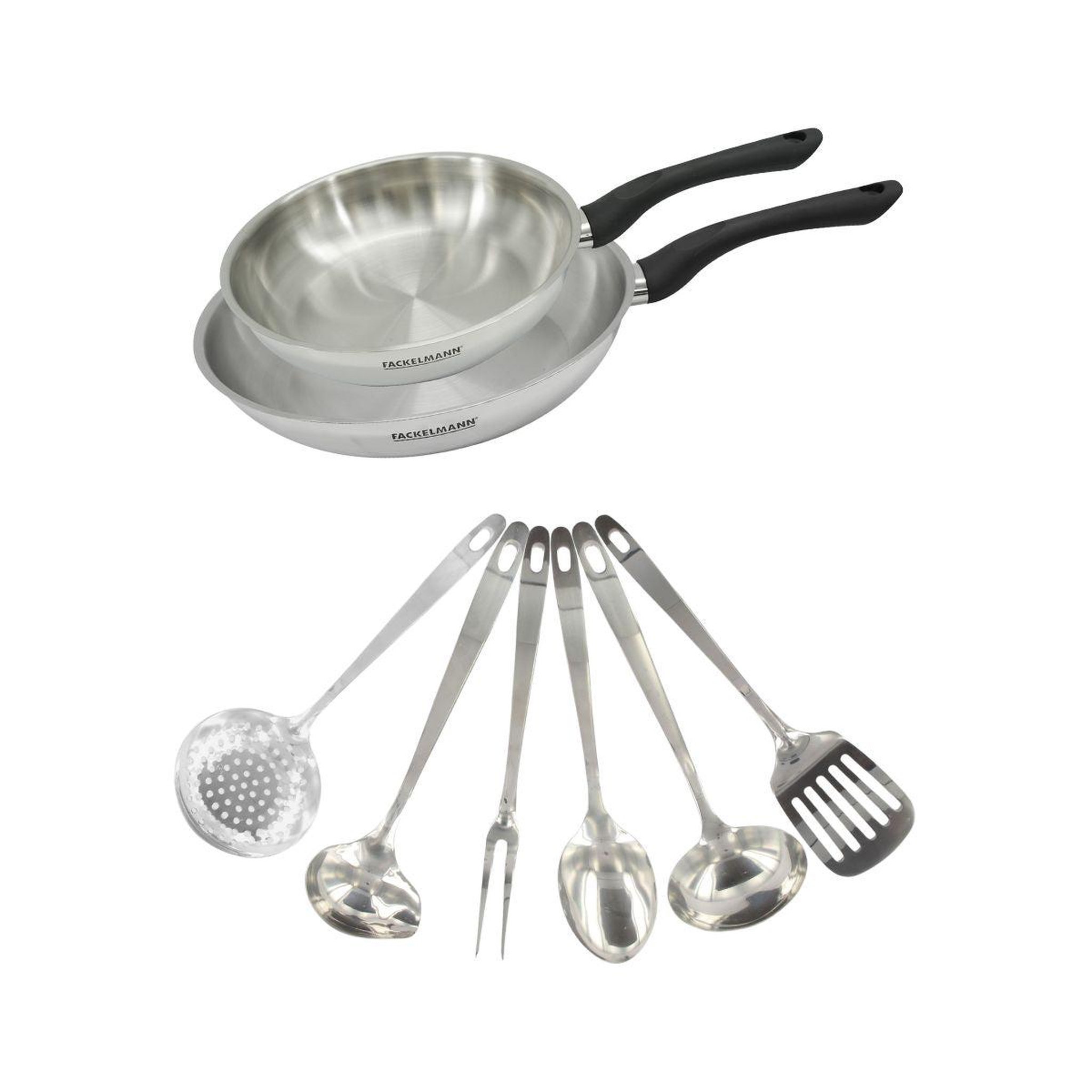Fackelmann Set 2 poêles 24 et 28 cm en inox et 6 ustensiles inox fackelmann geneva