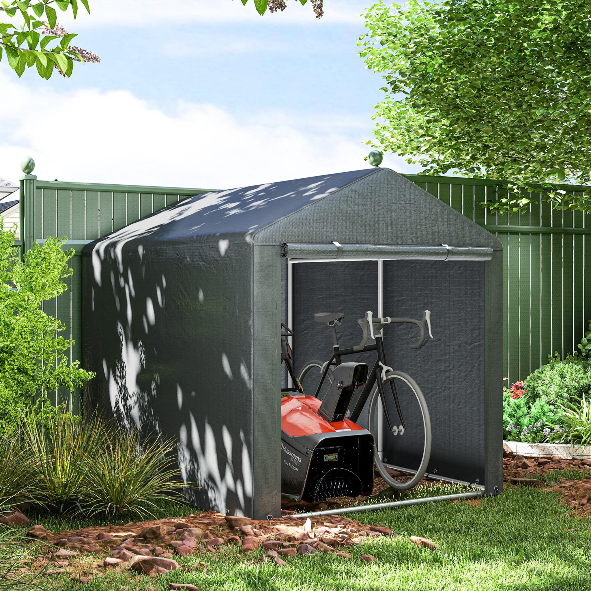 Voir la diapositive 2 : OUTSUNNY Abri de jardin tente de stockage portable abri de vélo garage pour extérieur avec cadre en acier galvanisé et grande porte, 1,6 x 2,2 m gris foncé