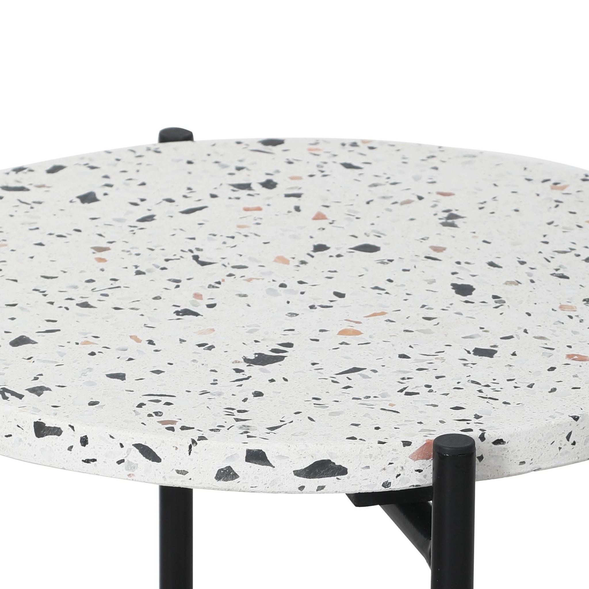 Voir la diapositive 2 : VS VENTA-STOCK Table auxiliaire Yala avec Plateau en terrazzo Blanc et Pieds métalliques en Noir Mat