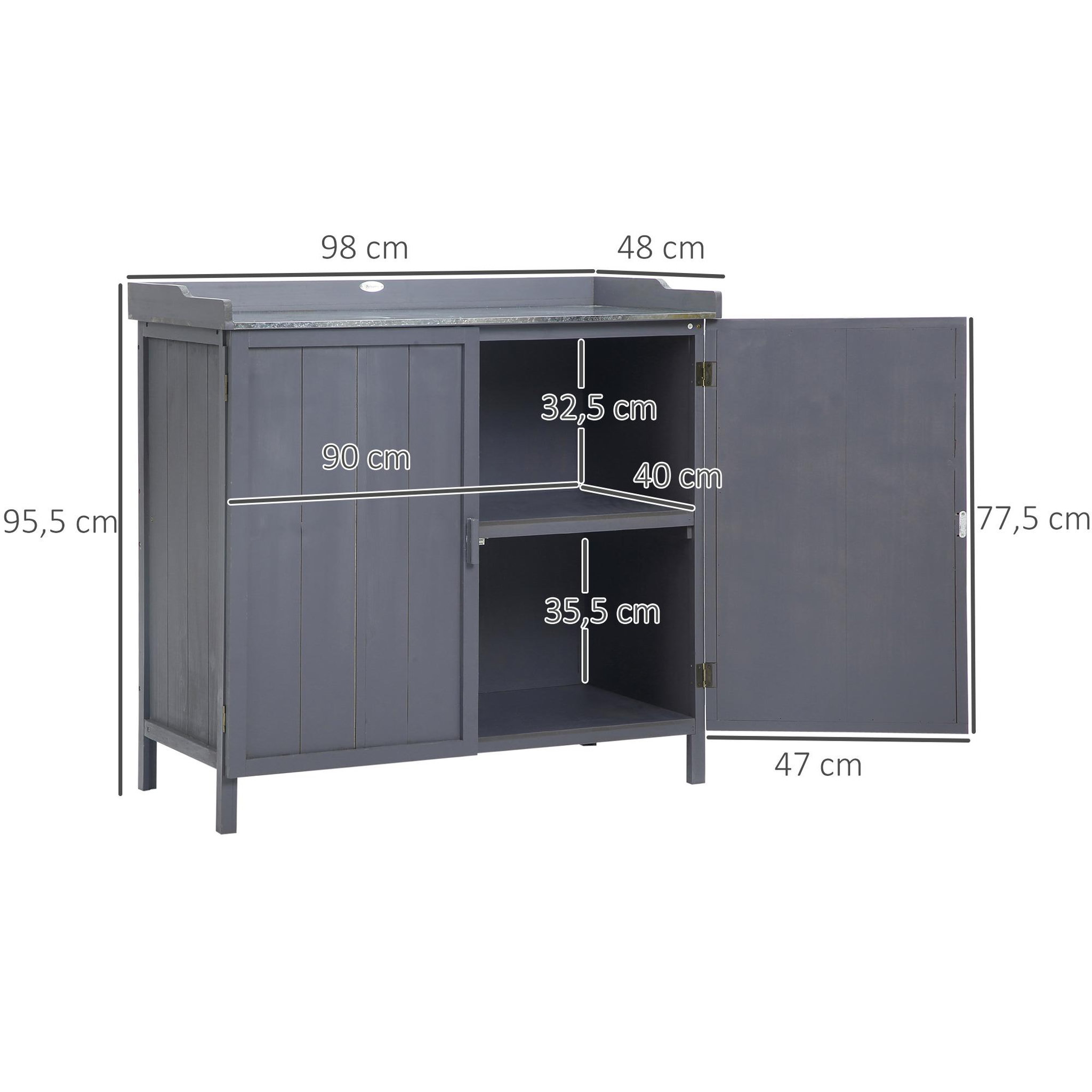 Voir la diapositive 3 : OUTSUNNY Armoire de rangement de jardin sur pied, table de rempotage 2 en 1 double porte, étagère, plateau métal galvanisé - bois sapin gris
