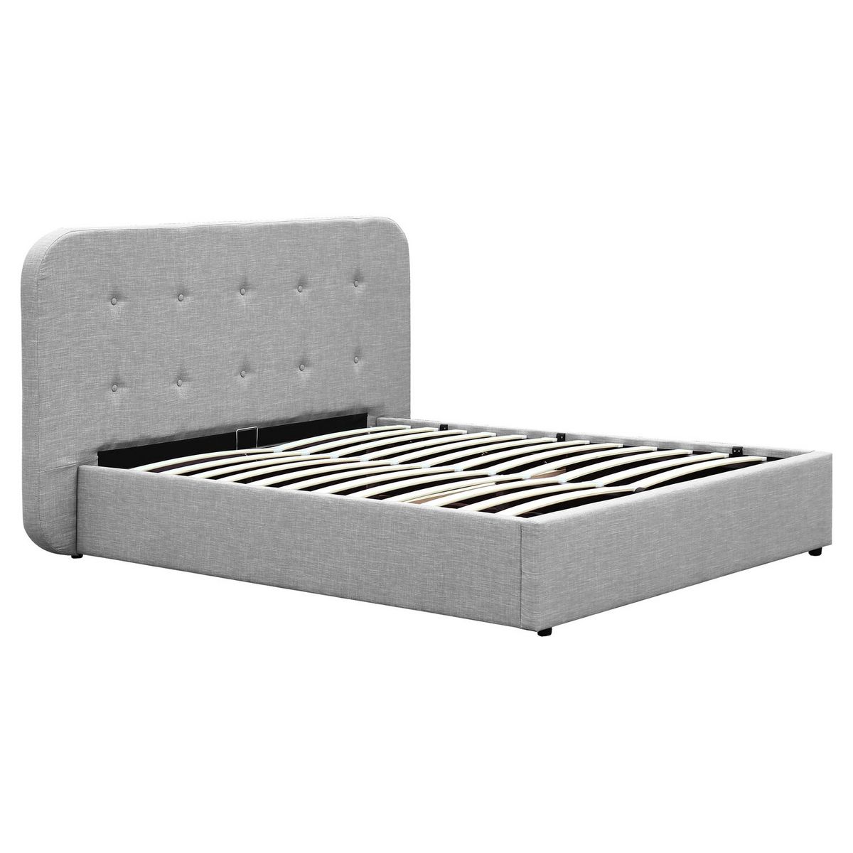 Lit coffre avec sommier relevable et tête de lit capitonnée en tissu gris clair 140x190 cm JOHN